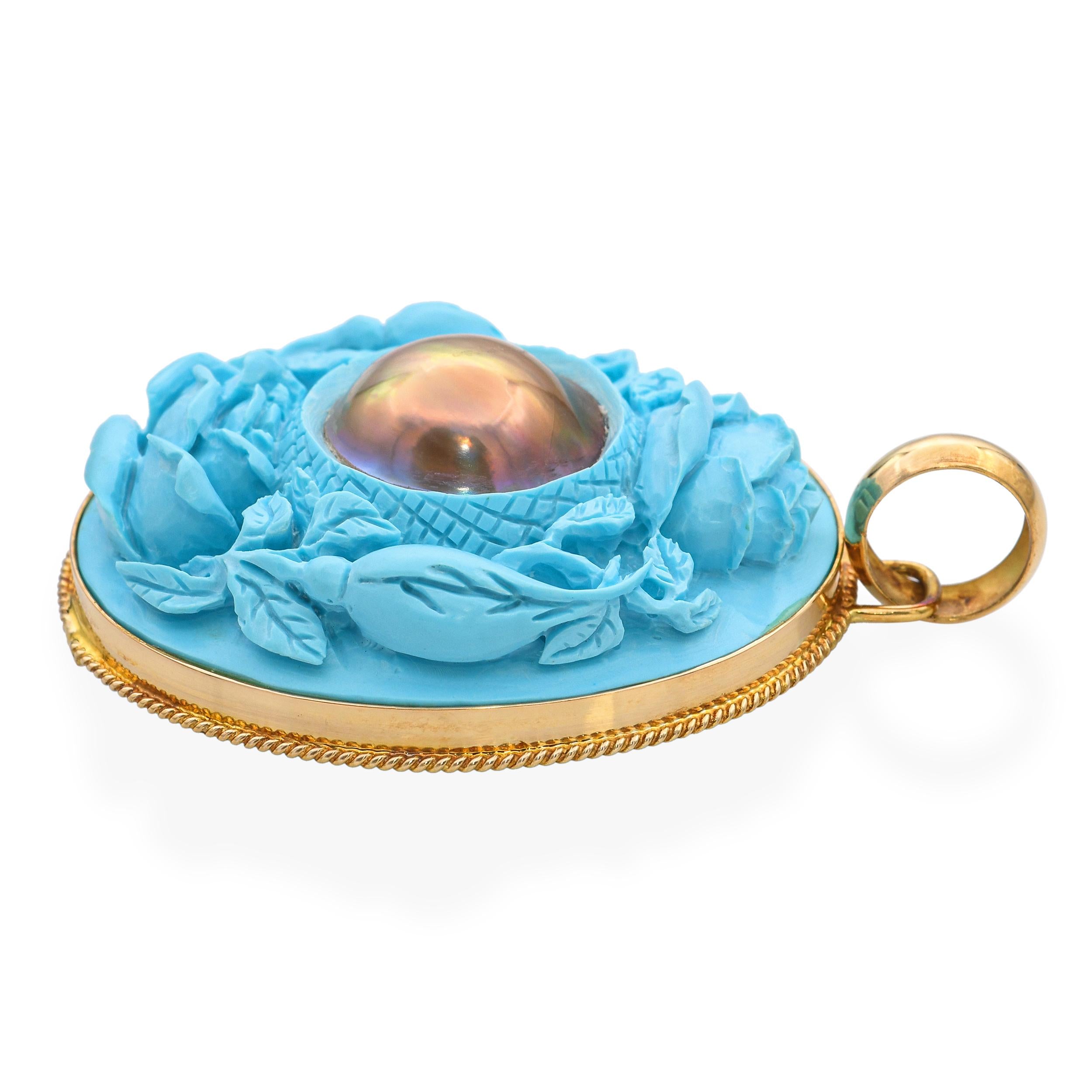 Vintage Yellow Gold Carved Roses Powdered Turquoise and Mabe Peal Pendant