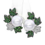 18k Black Rhodium White Gold South Sea Pearl Tsavorite and Diamond Earrings