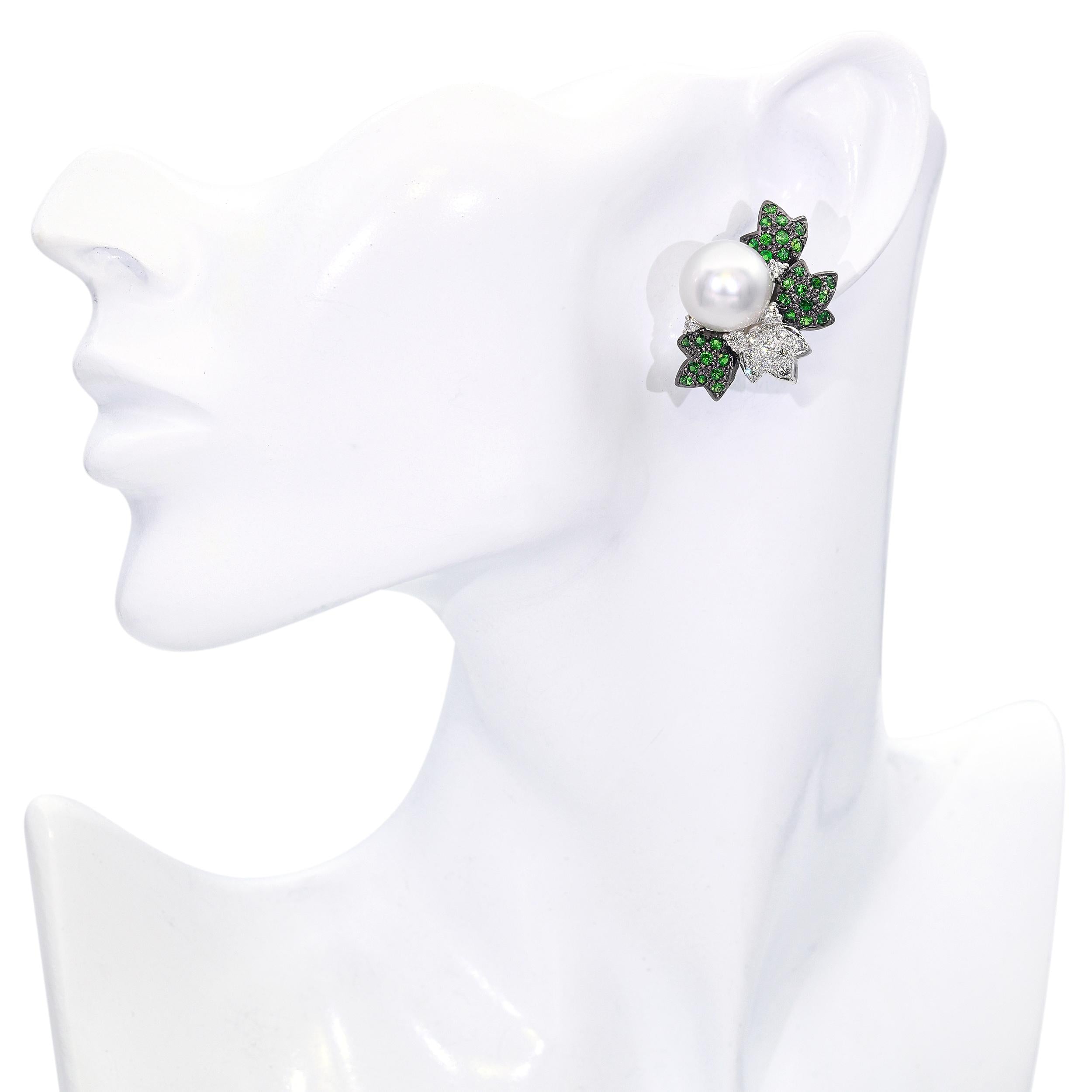 18k Black Rhodium White Gold South Sea Pearl Tsavorite and Diamond Earrings