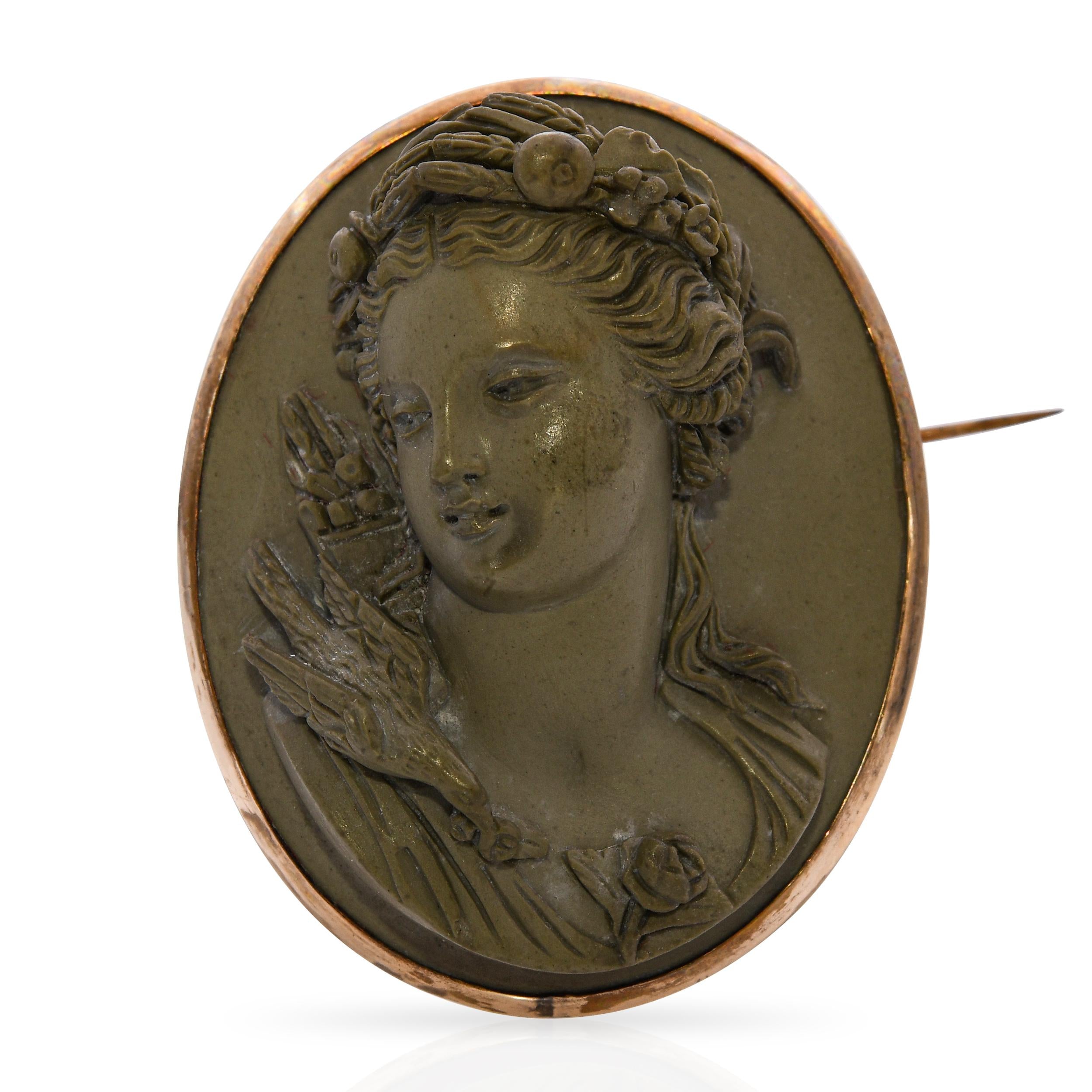 Vintage 8k Yellow Gold Pompei Woman Lava Cameo Brooch