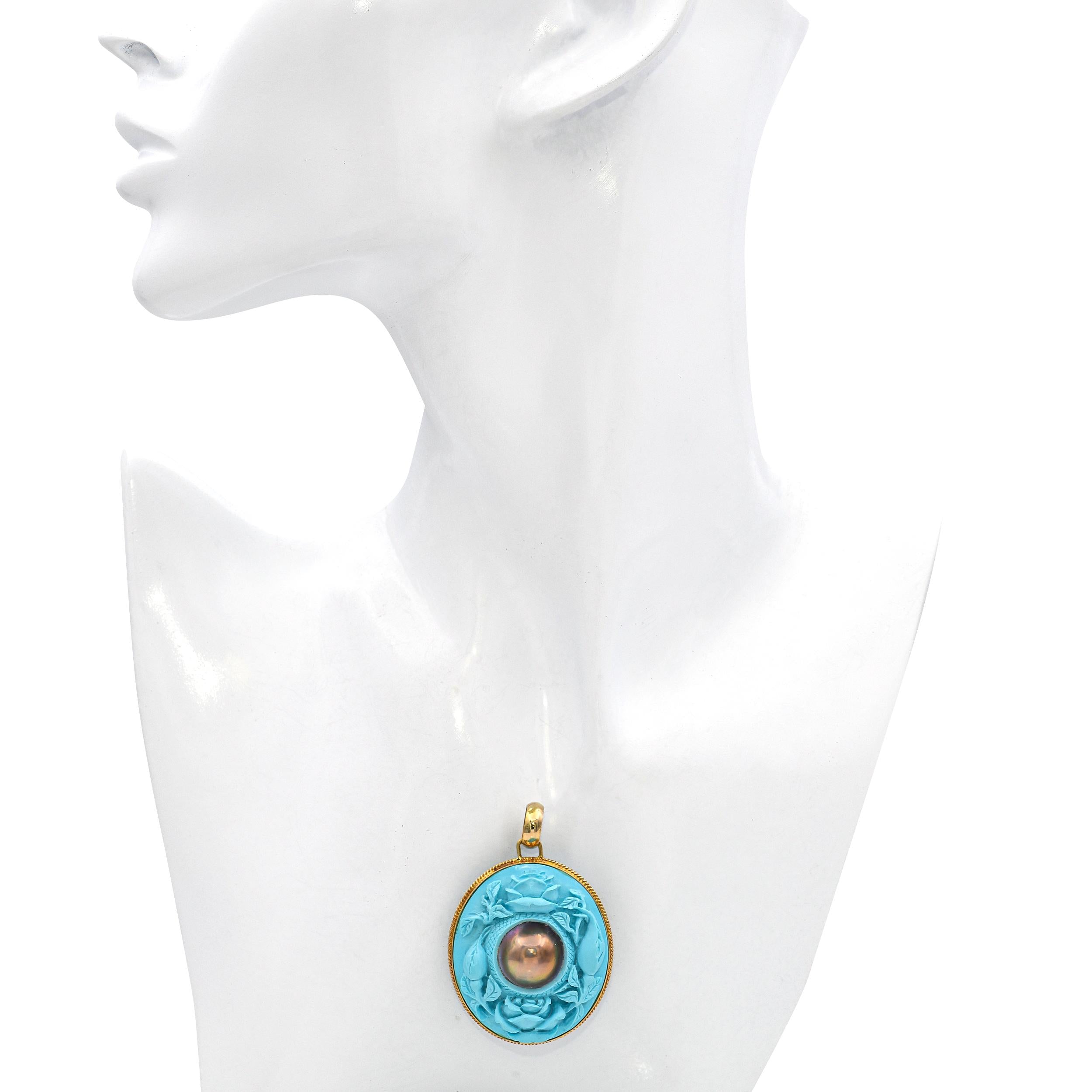 Vintage Yellow Gold Carved Roses Powdered Turquoise and Mabe Peal Pendant