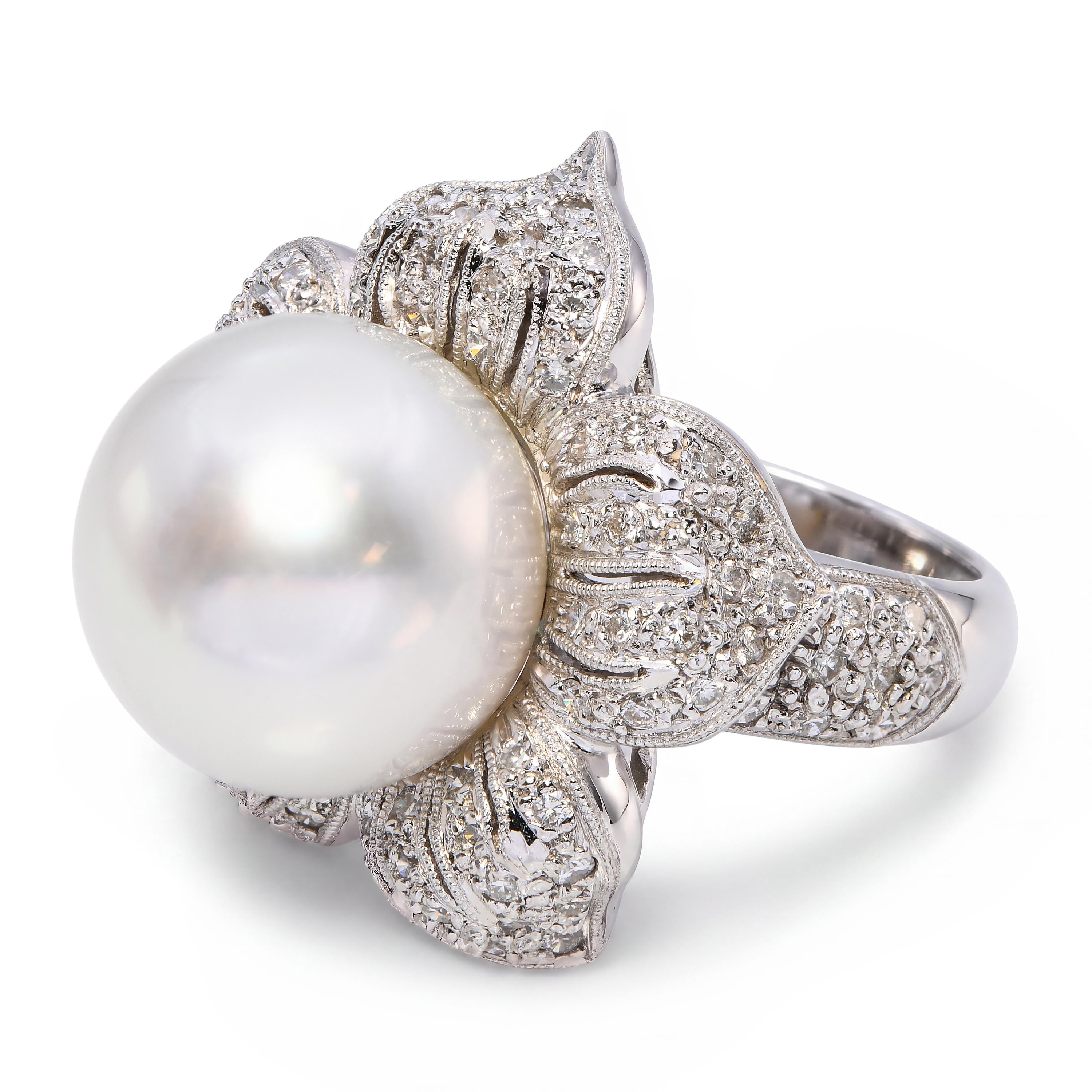 Platinum South Sea Pearl and Diamond Flower Statement Ring