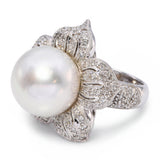 Platinum South Sea Pearl and Diamond Flower Statement Ring