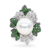 X 18k Black Rhodium White Gold Pearl Tsavorite and Diamond Floral Ring
