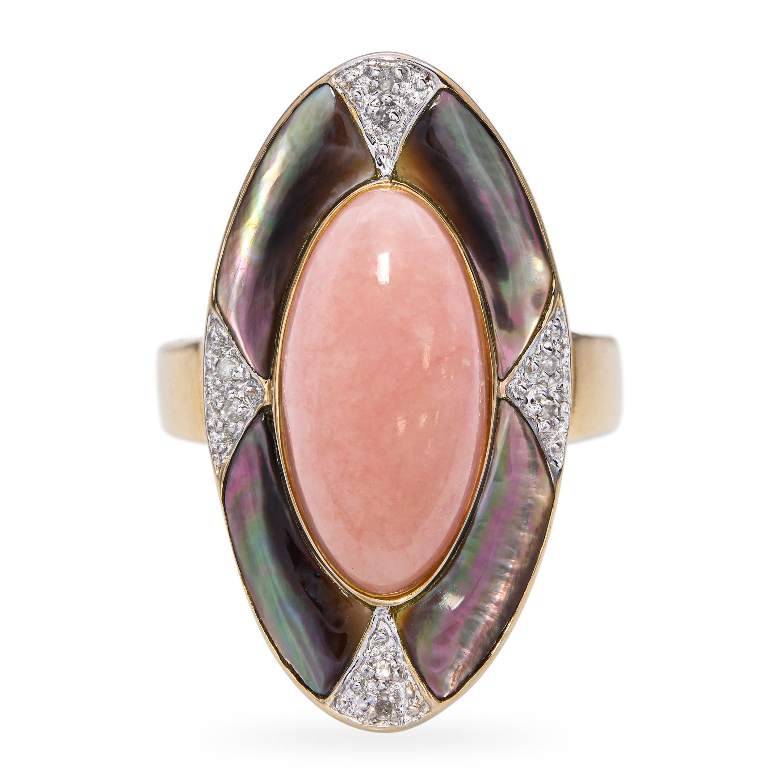 14k Yellow Gold Pink Jade Diamond Mother of Pearl Inlay Ring