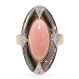 14k Yellow Gold Pink Jade Diamond Mother of Pearl Inlay Ring