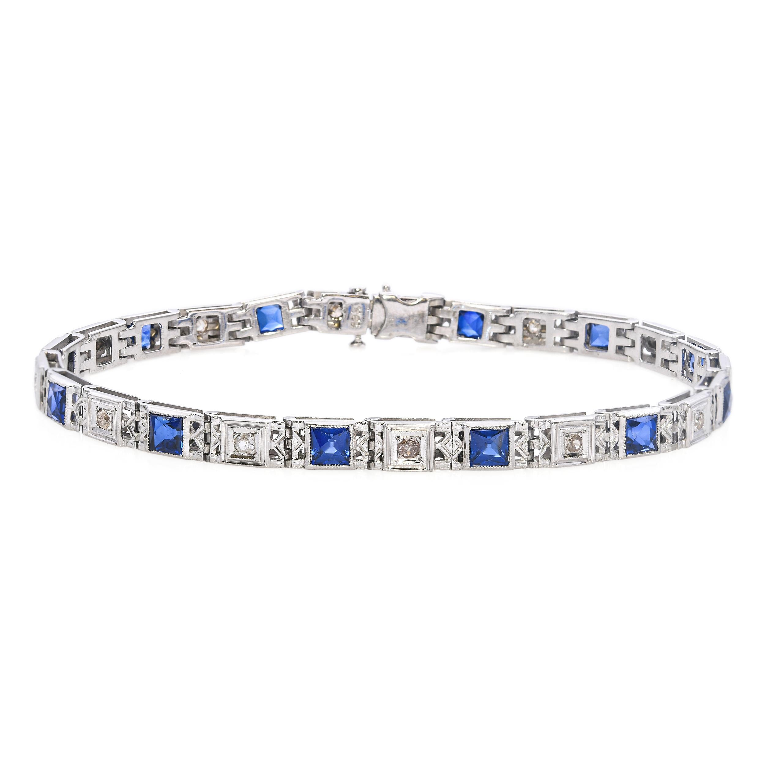 Art Deco 18k White Gold Diamond and Synthetic Sapphire Line Bracelet