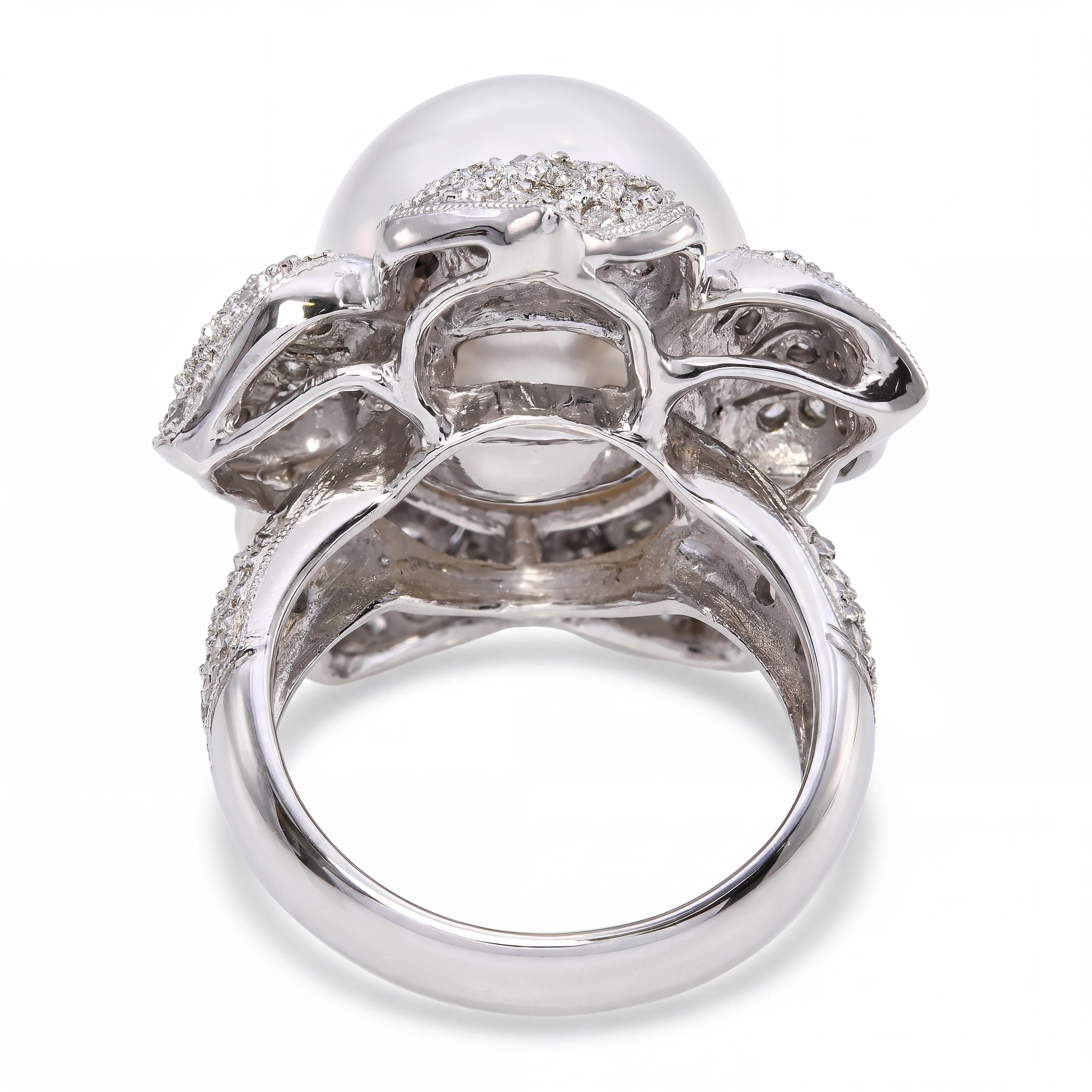 Platinum South Sea Pearl and Diamond Flower Statement Ring