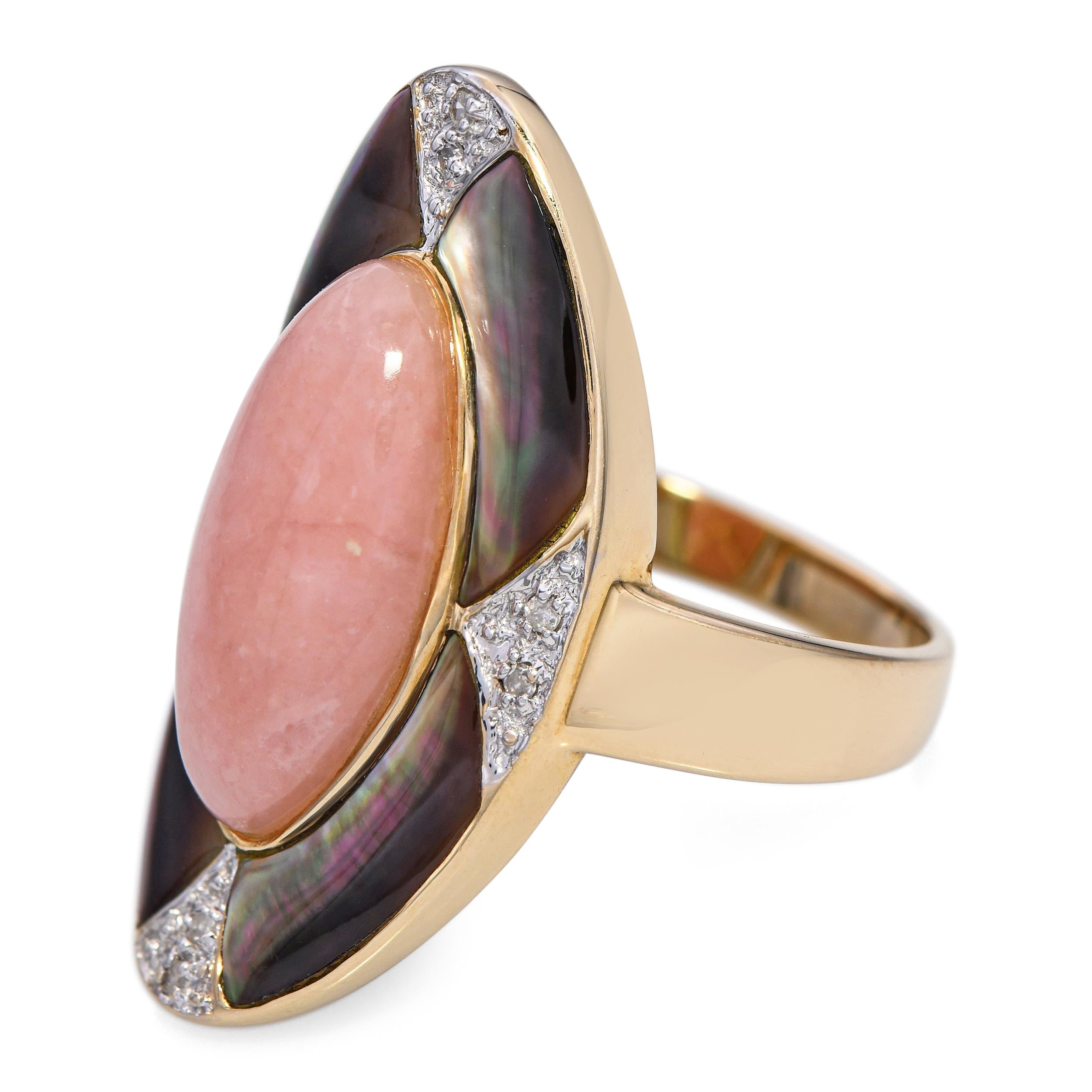 14k Yellow Gold Pink Jade Diamond Mother of Pearl Inlay Ring
