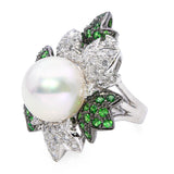 X 18k Black Rhodium White Gold Pearl Tsavorite and Diamond Floral Ring
