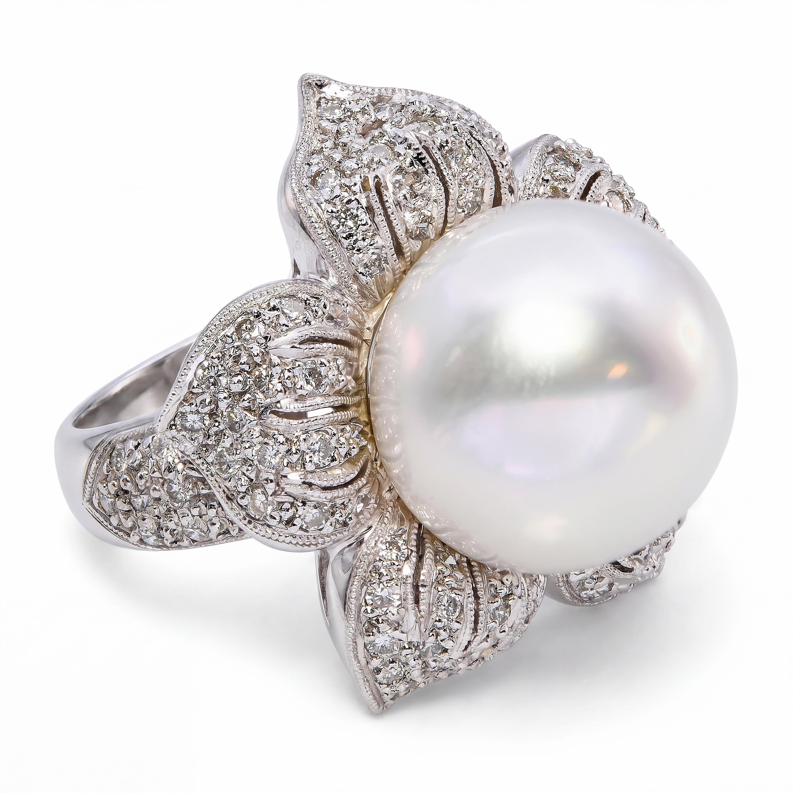 Platinum South Sea Pearl and Diamond Flower Statement Ring