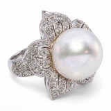 Platinum South Sea Pearl and Diamond Flower Statement Ring