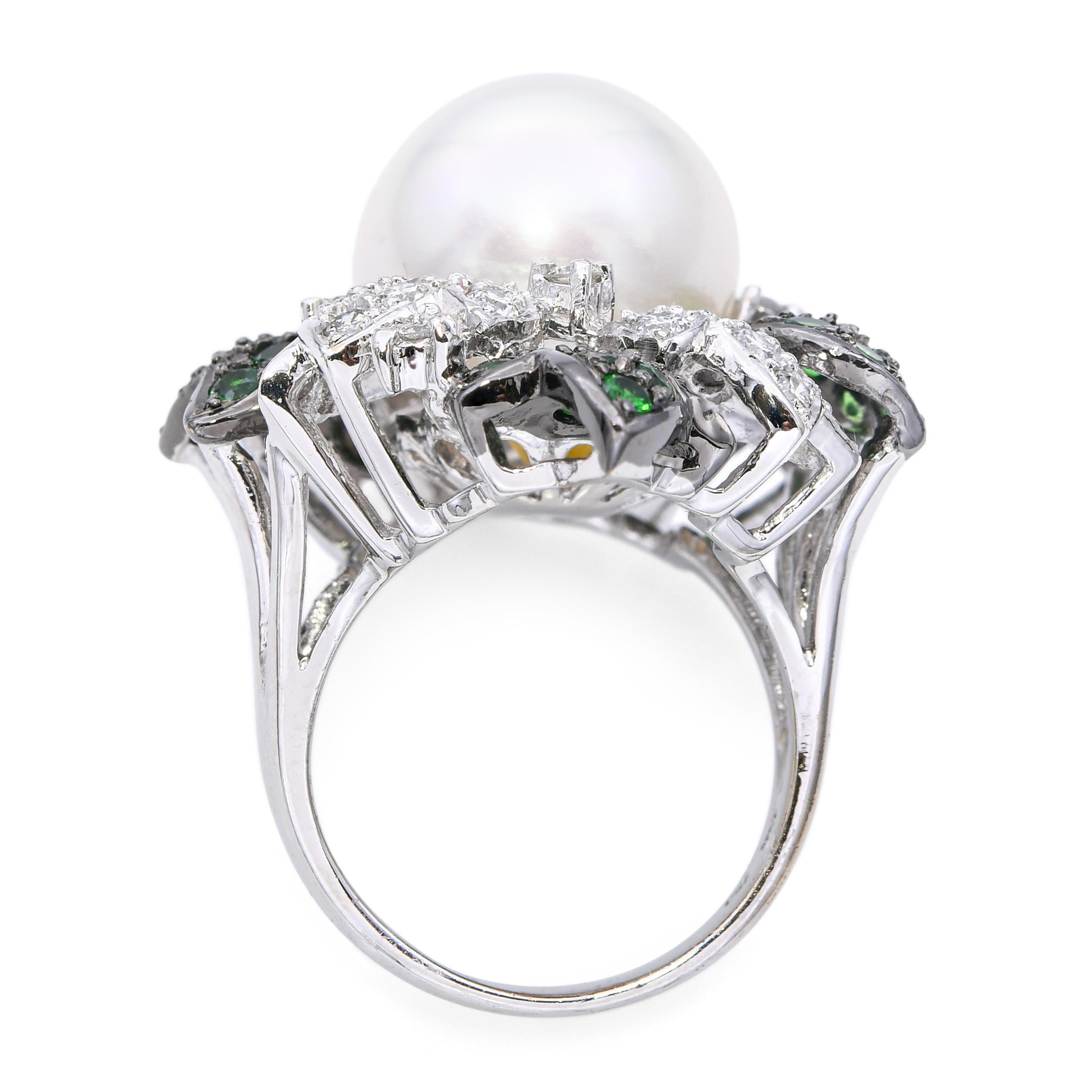 X 18k Black Rhodium White Gold Pearl Tsavorite and Diamond Floral Ring