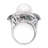 X 18k Black Rhodium White Gold Pearl Tsavorite and Diamond Floral Ring