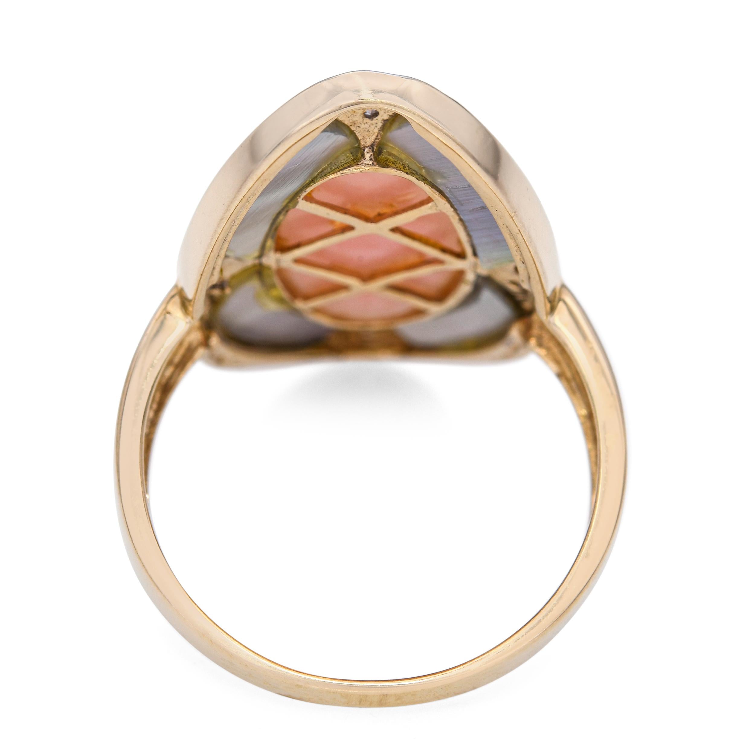 14k Yellow Gold Pink Jade Diamond Mother of Pearl Inlay Ring