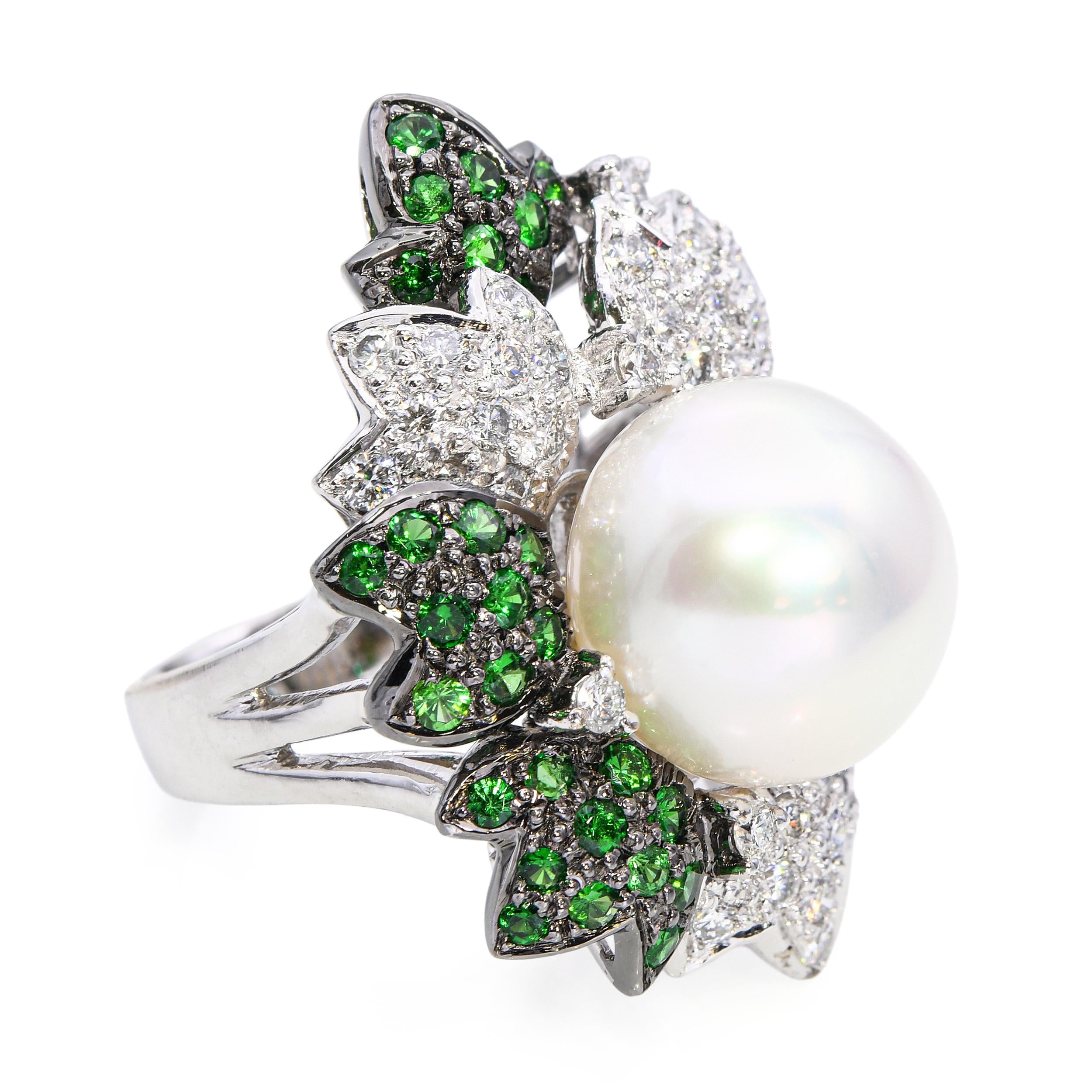 X 18k Black Rhodium White Gold Pearl Tsavorite and Diamond Floral Ring