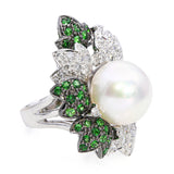 X 18k Black Rhodium White Gold Pearl Tsavorite and Diamond Floral Ring