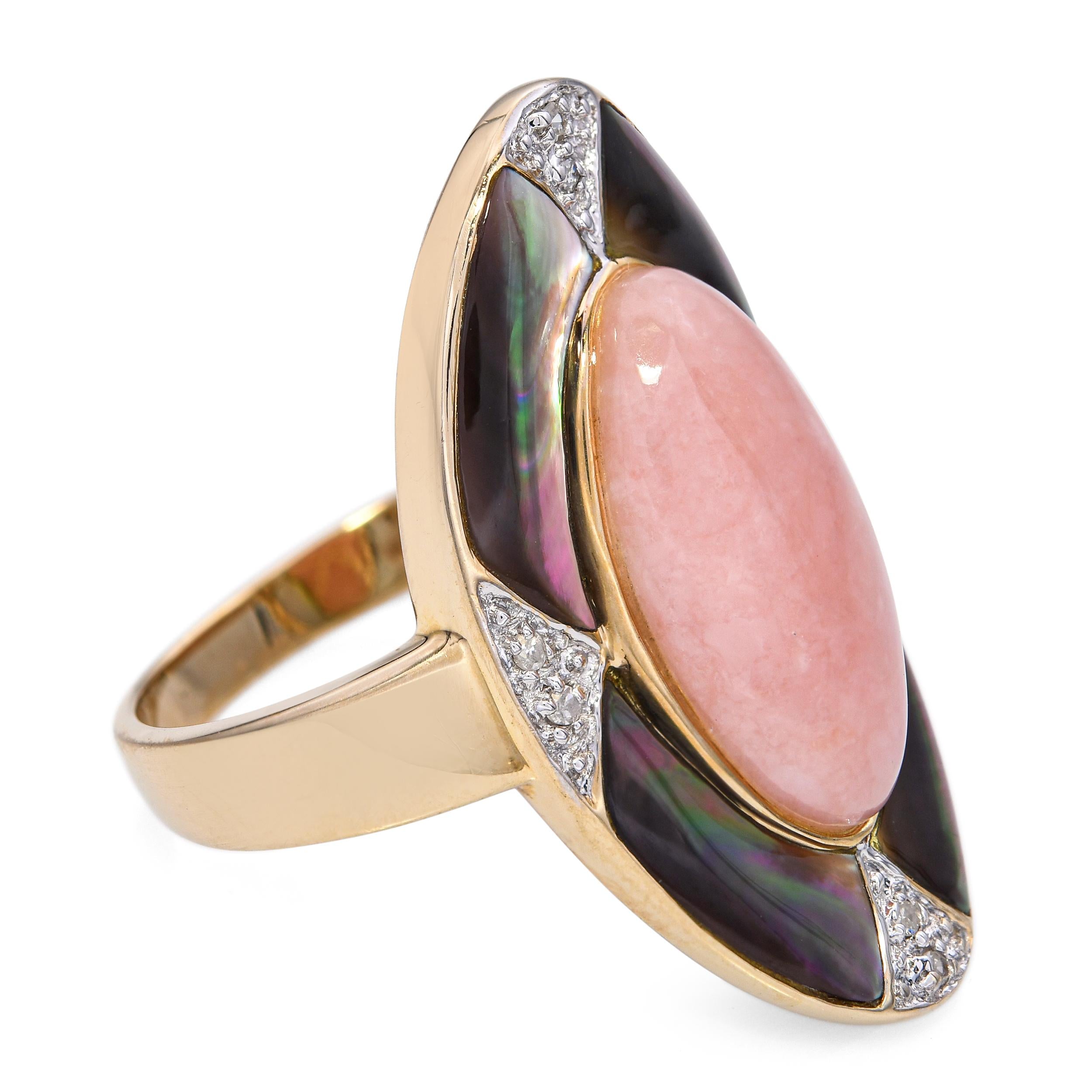14k Yellow Gold Pink Jade Diamond Mother of Pearl Inlay Ring