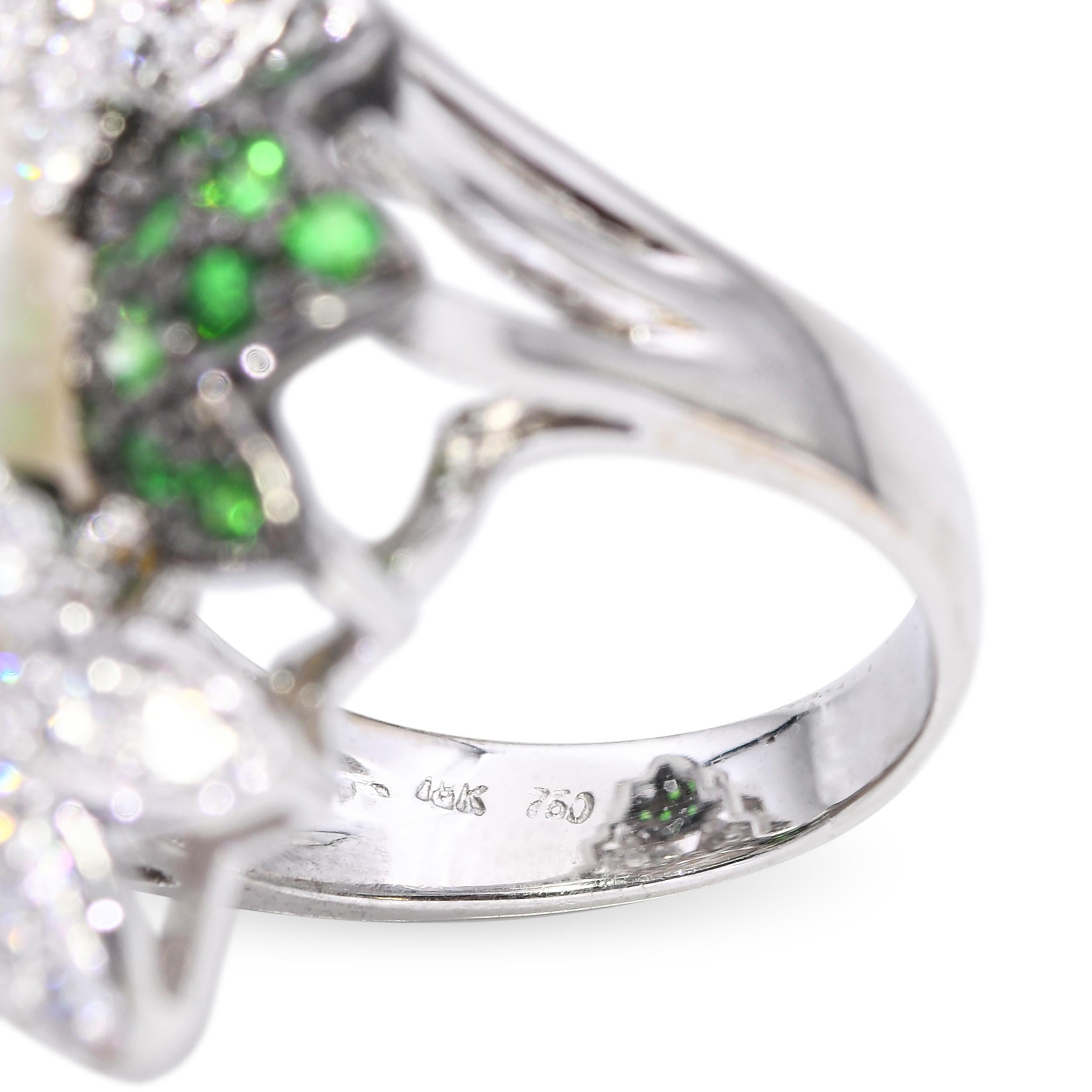 X 18k Black Rhodium White Gold Pearl Tsavorite and Diamond Floral Ring