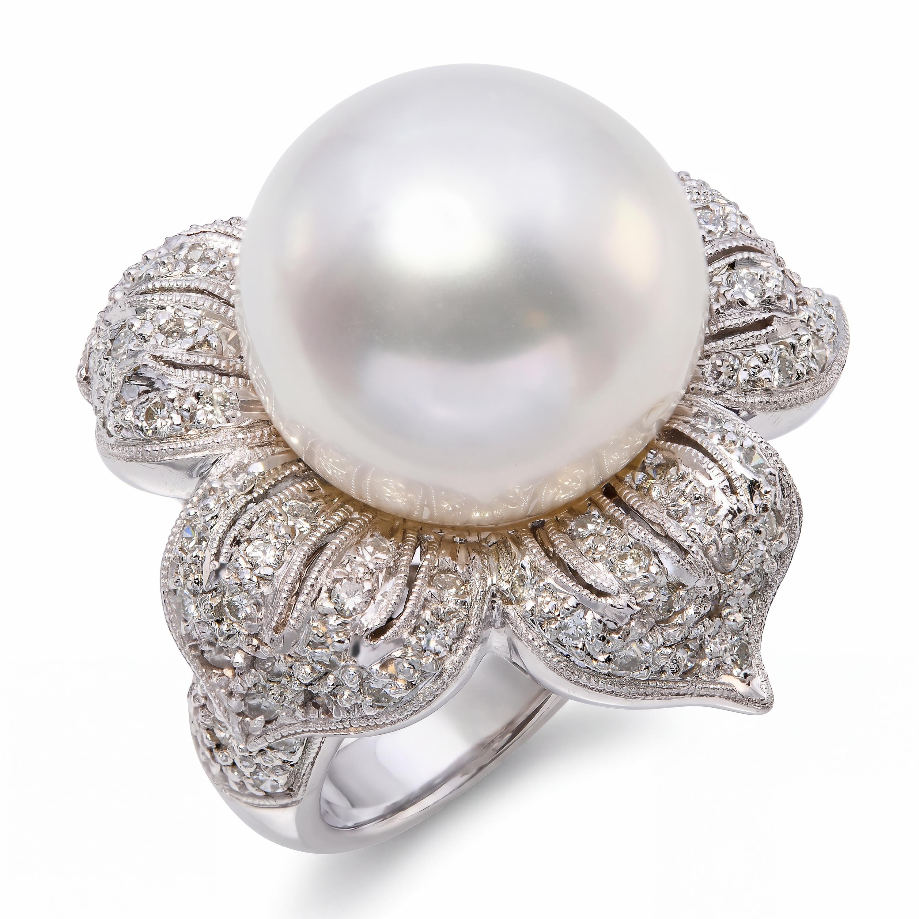 Platinum South Sea Pearl and Diamond Flower Statement Ring