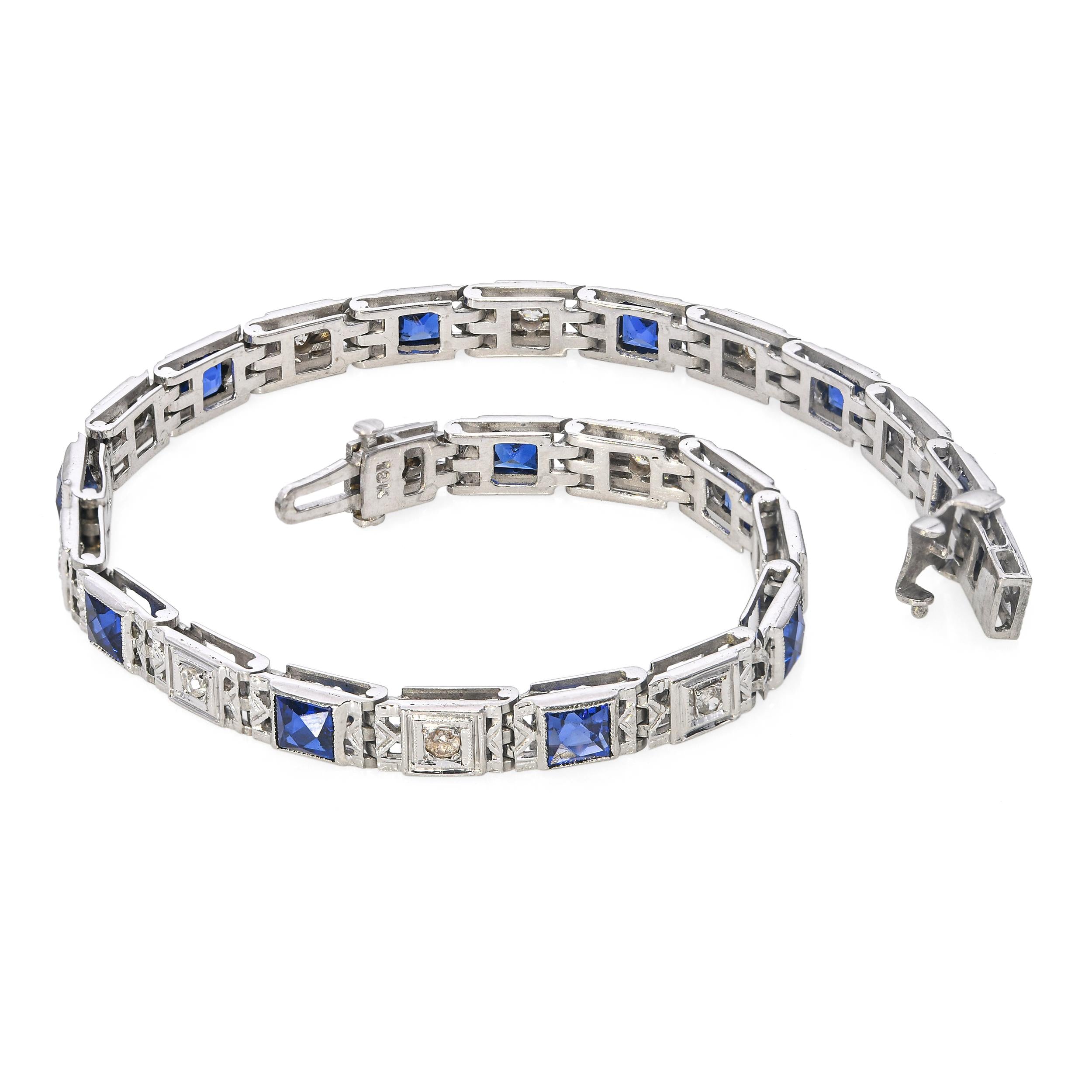 Art Deco 18k White Gold Diamond and Synthetic Sapphire Line Bracelet