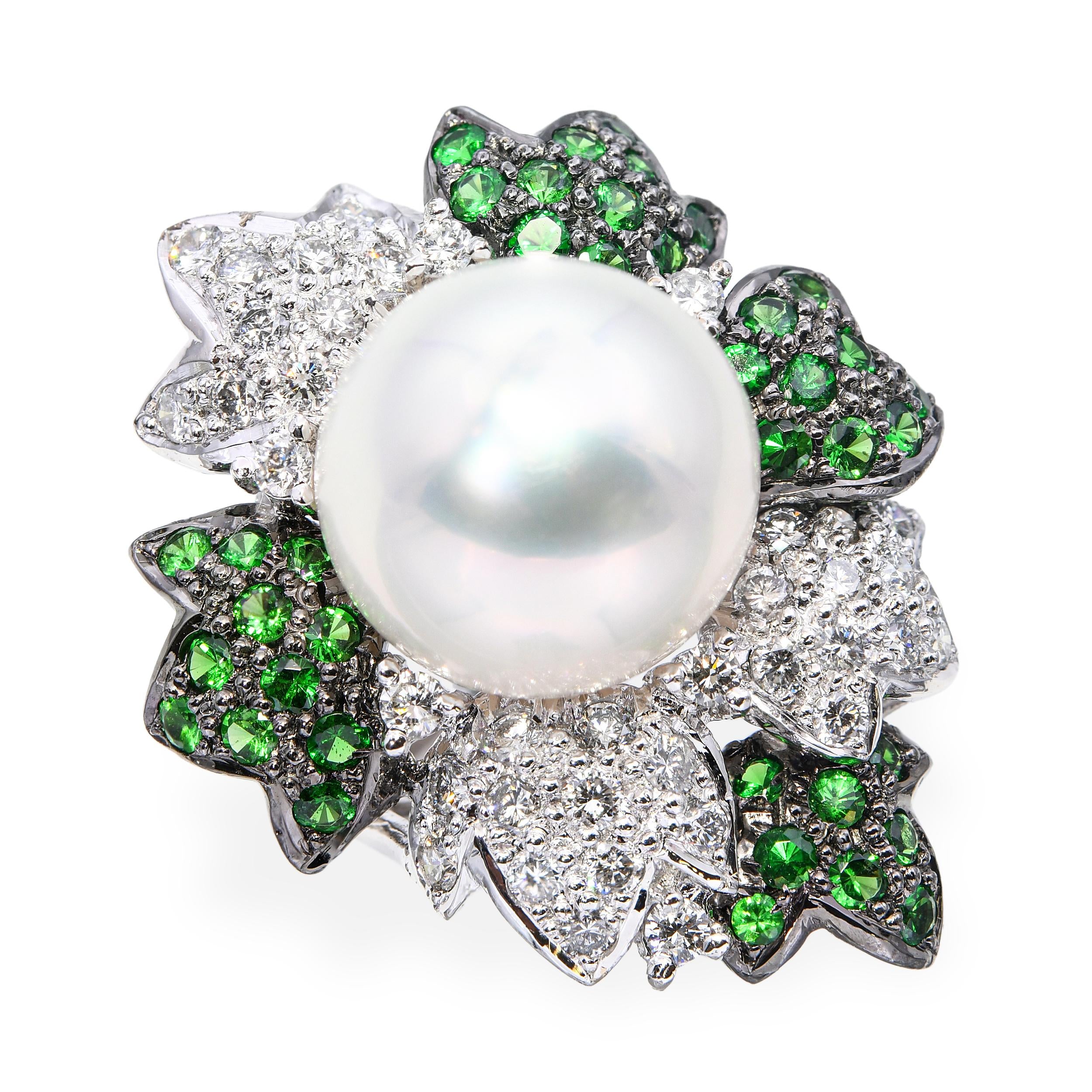 X 18k Black Rhodium White Gold Pearl Tsavorite and Diamond Floral Ring