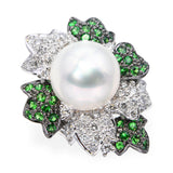 X 18k Black Rhodium White Gold Pearl Tsavorite and Diamond Floral Ring