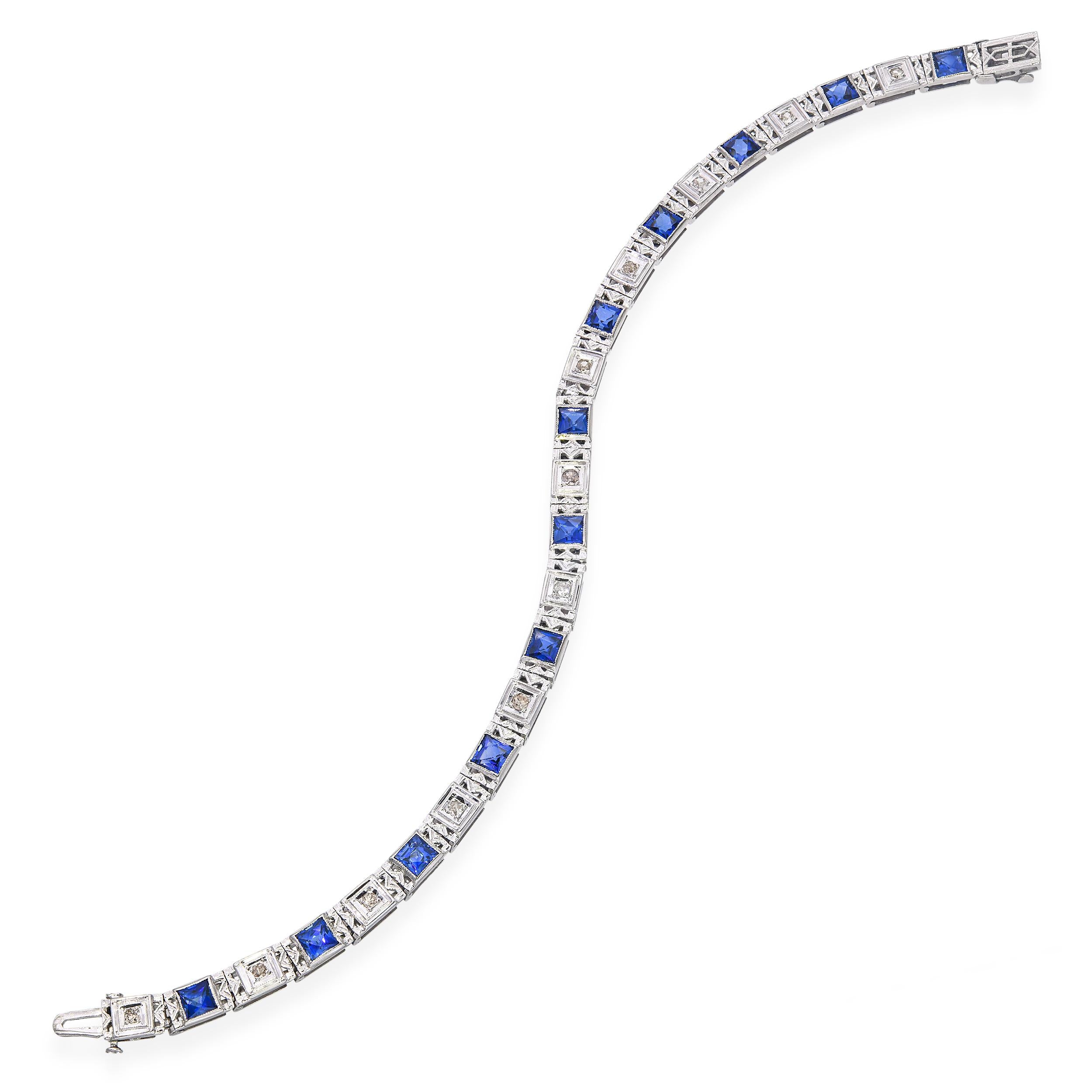 Art Deco 18k White Gold Diamond and Synthetic Sapphire Line Bracelet