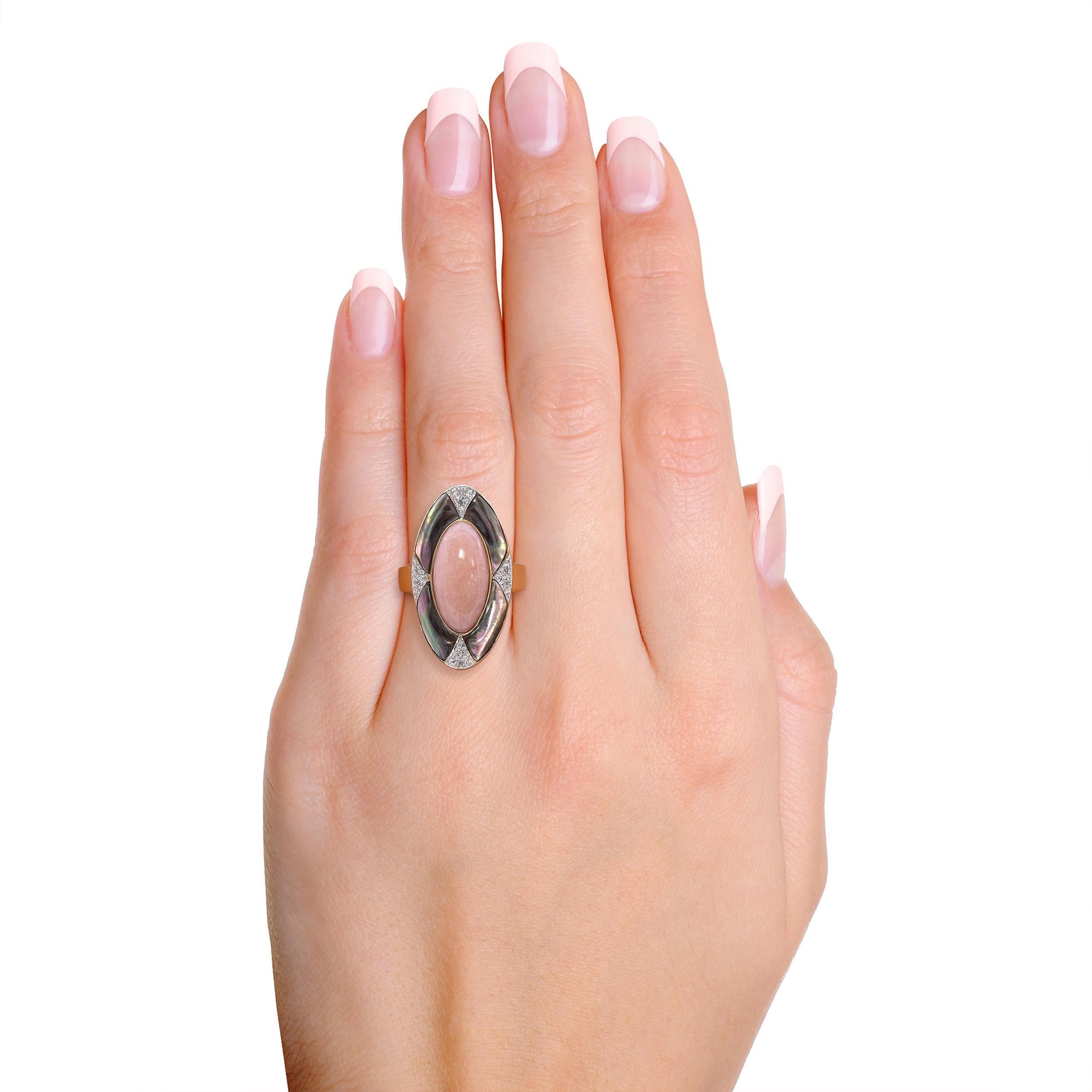 14k Yellow Gold Pink Jade Diamond Mother of Pearl Inlay Ring