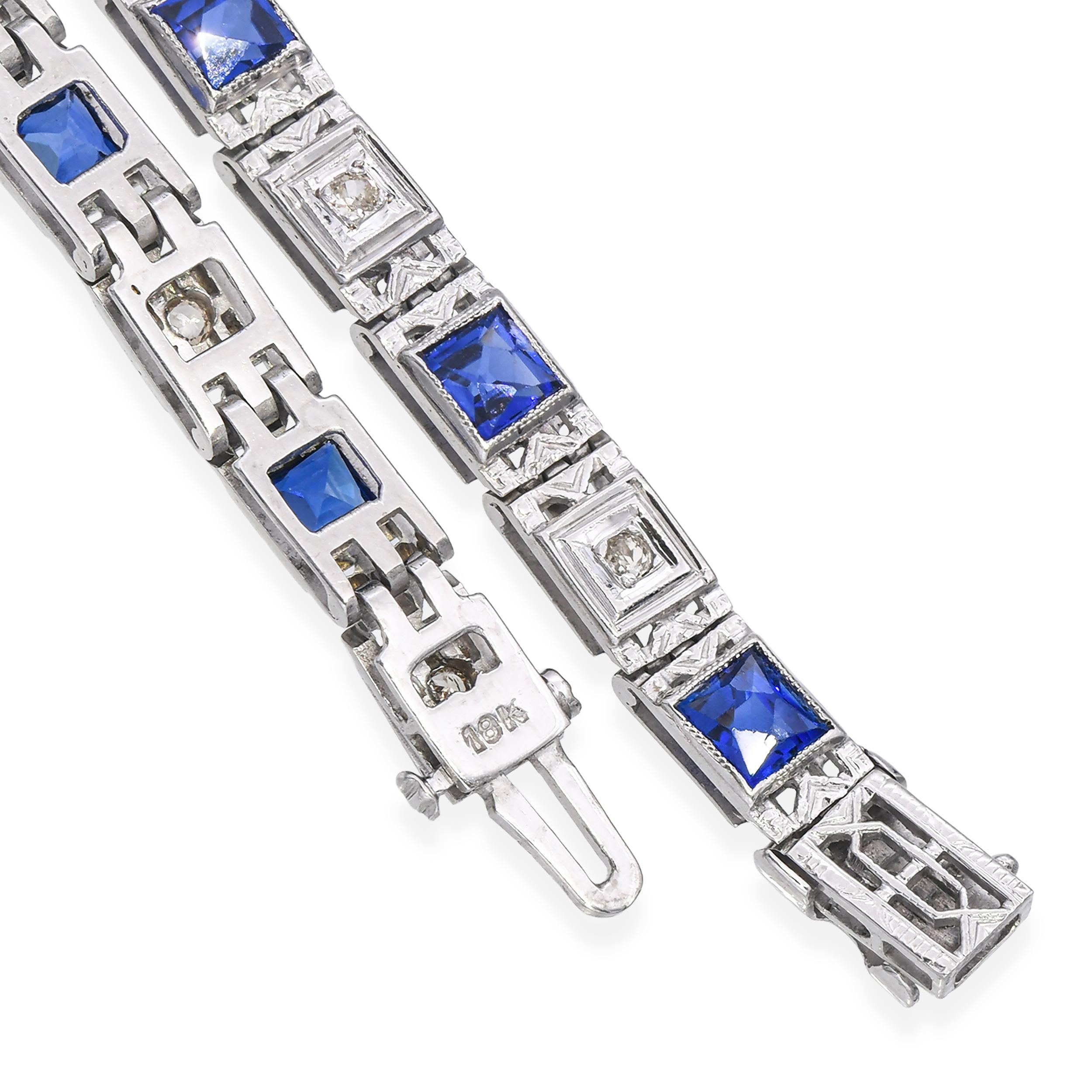 Art Deco 18k White Gold Diamond and Synthetic Sapphire Line Bracelet