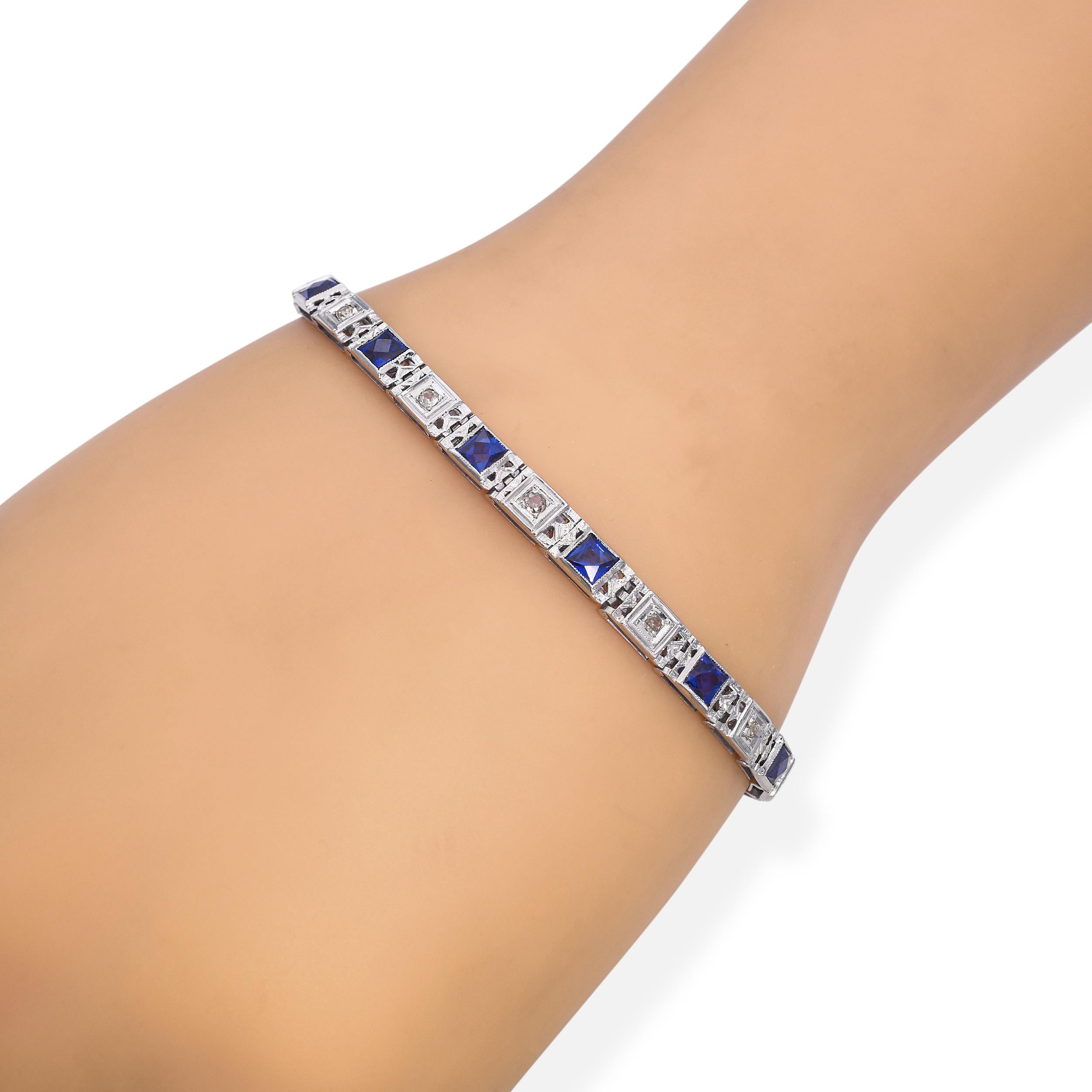 Art Deco 18k White Gold Diamond and Synthetic Sapphire Line Bracelet