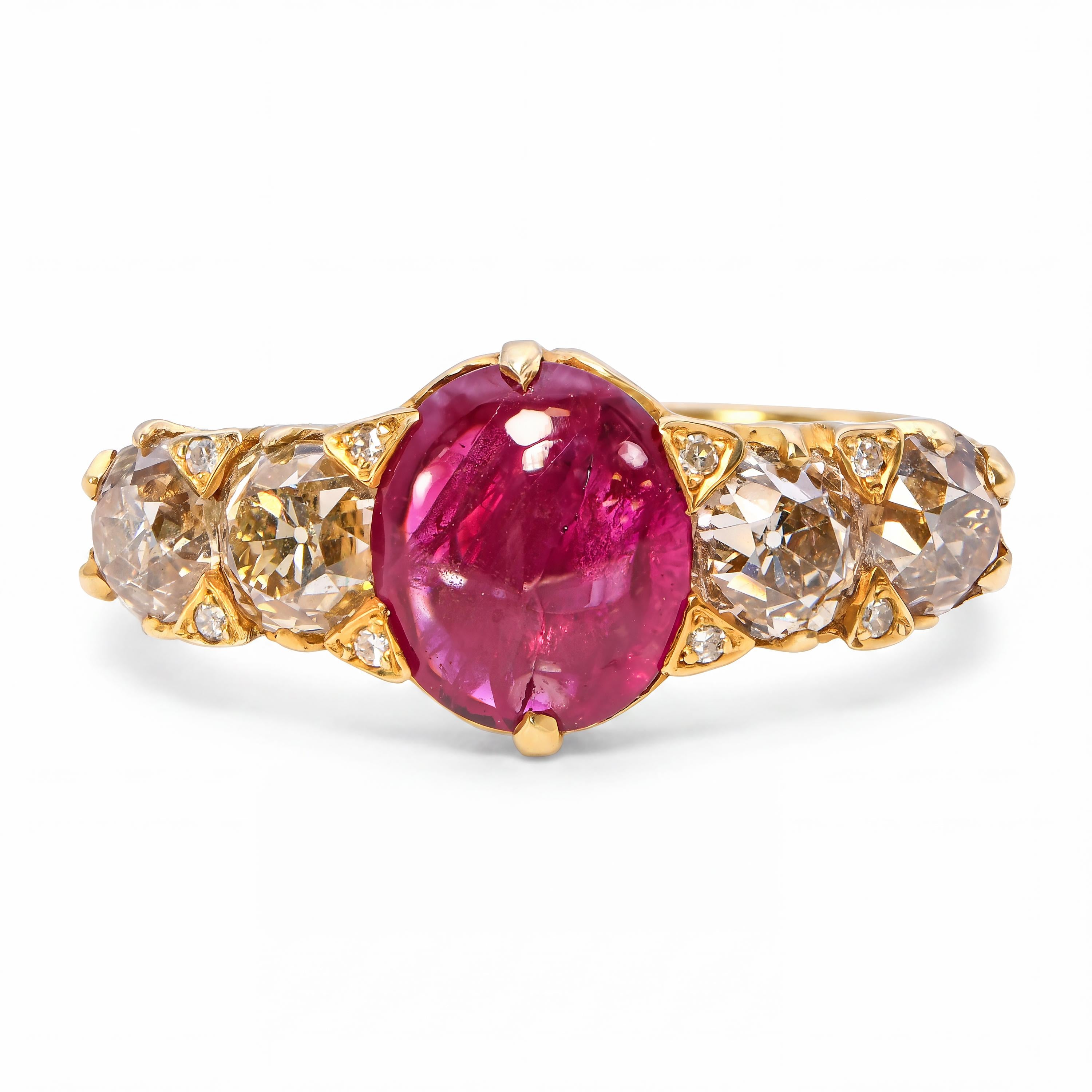Antique English 15k Yellow Gold Ruby Cabochon and Old Mine-Cut Diamond Ring