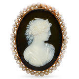 Antique 13k Yellow Gold Hera Hardstone and Seed Pearl Cameo Brooch Pendant