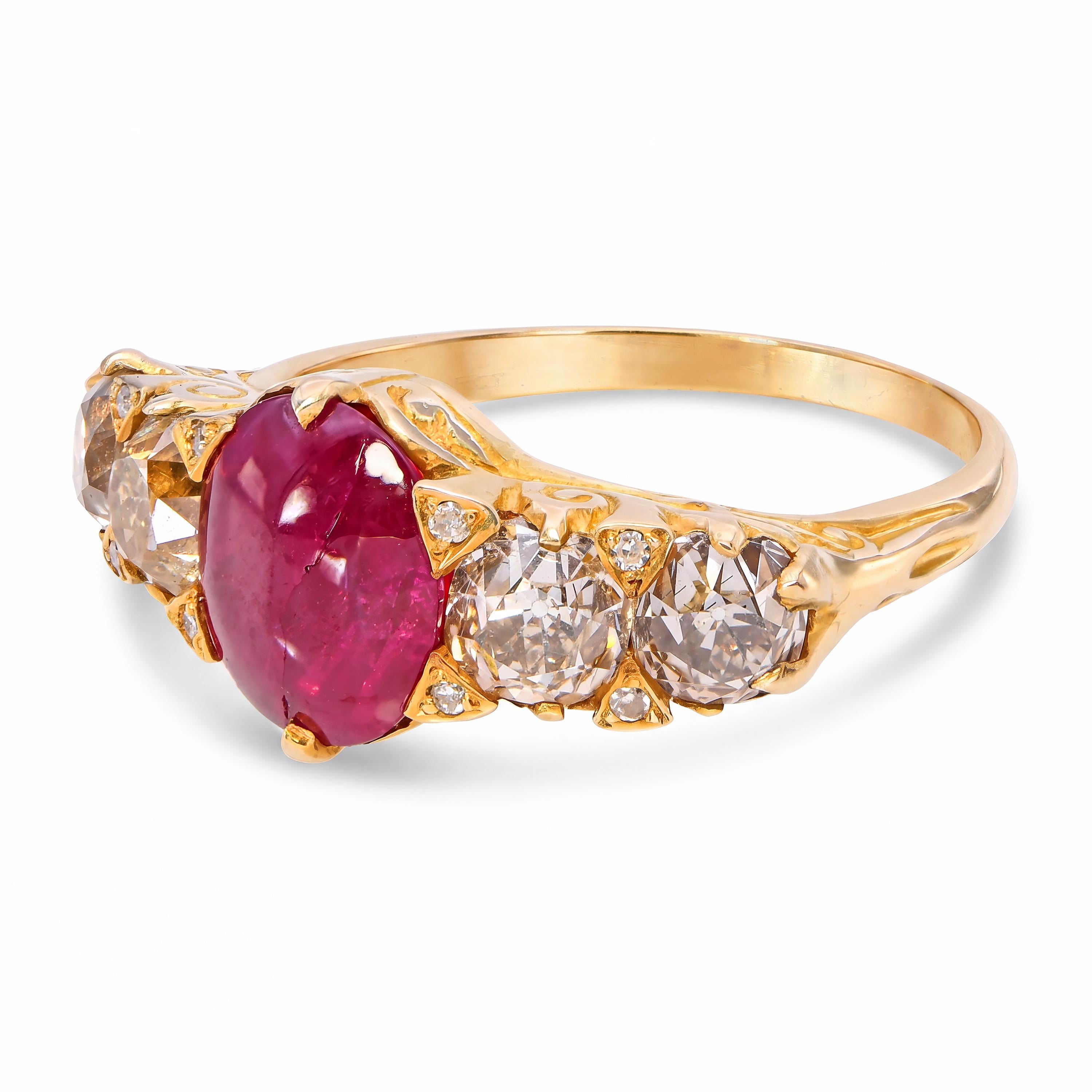 Antique English 15k Yellow Gold Ruby Cabochon and Old Mine-Cut Diamond Ring