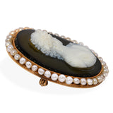 Antique 13k Yellow Gold Hera Hardstone and Seed Pearl Cameo Brooch Pendant