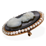 Antique 13k Yellow Gold Hera Hardstone and Seed Pearl Cameo Brooch Pendant