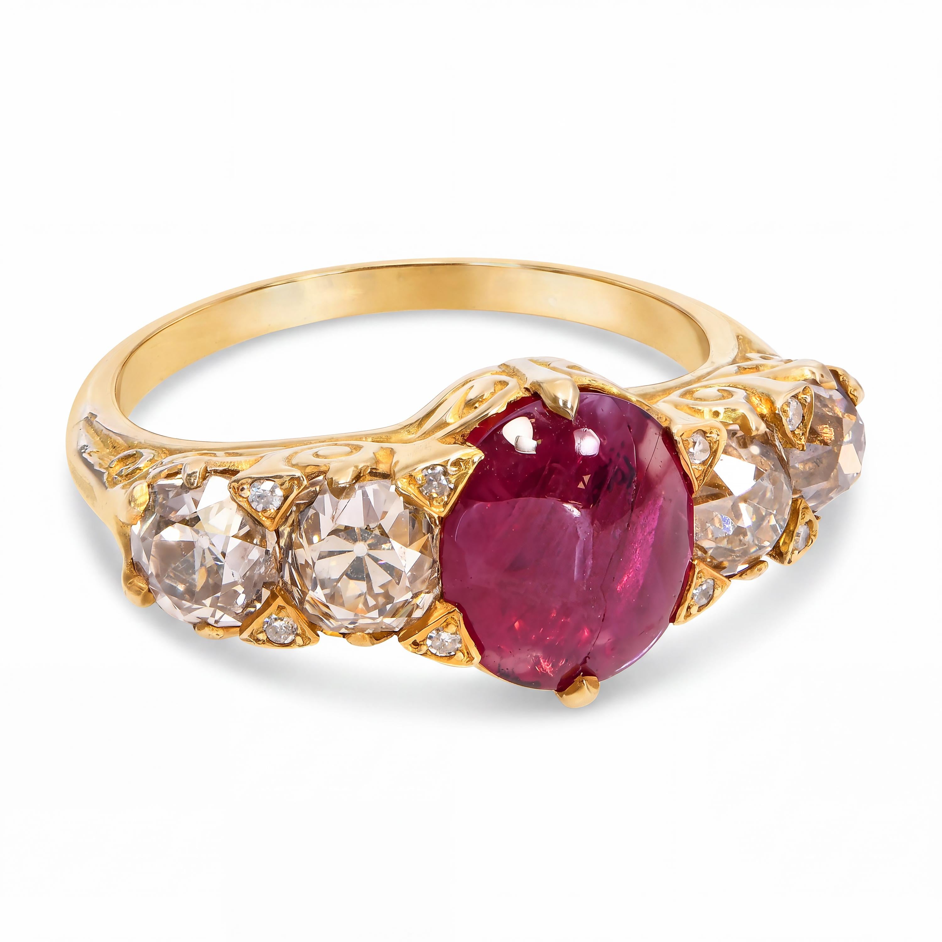 Antique English 15k Yellow Gold Ruby Cabochon and Old Mine-Cut Diamond Ring