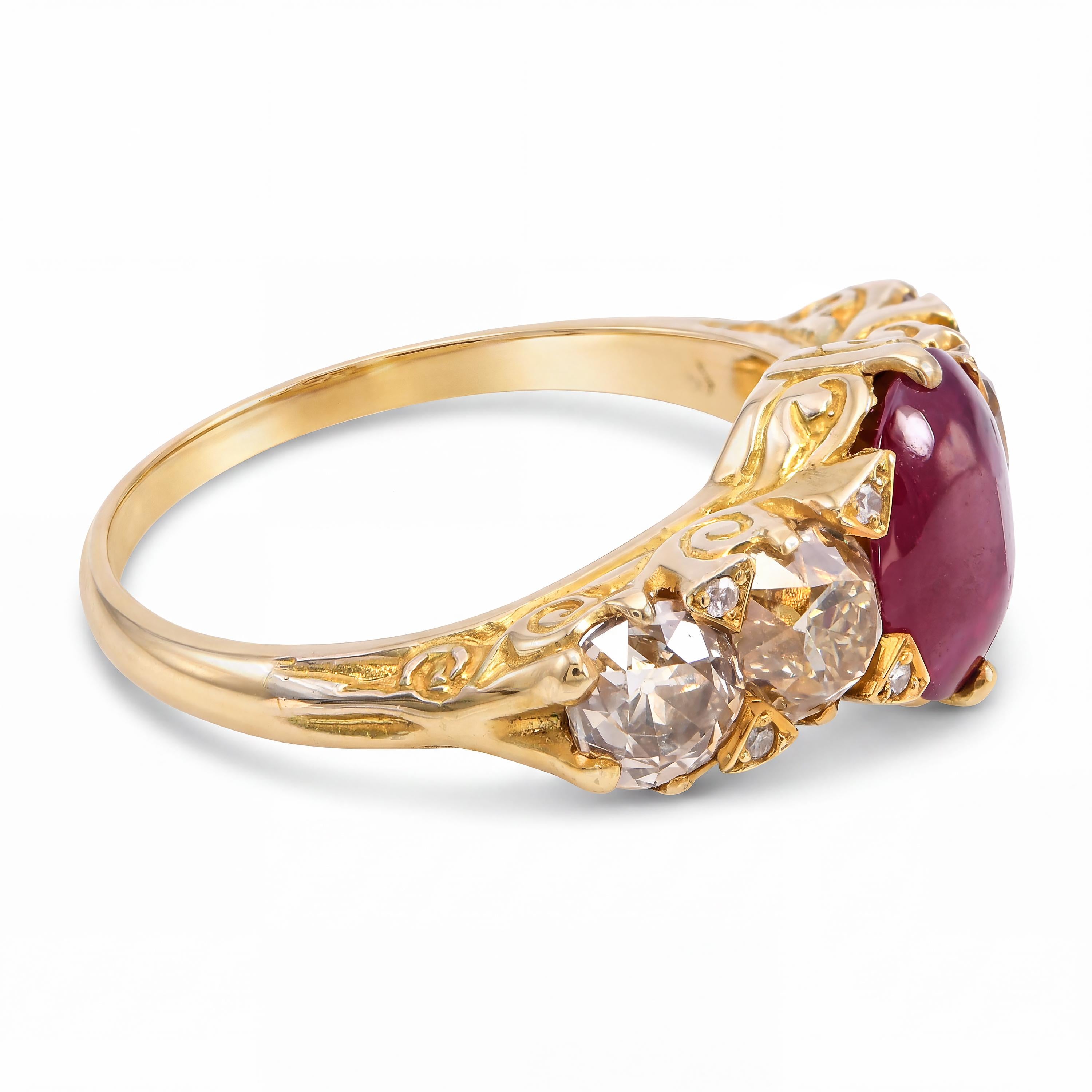 Antique English 15k Yellow Gold Ruby Cabochon and Old Mine-Cut Diamond Ring