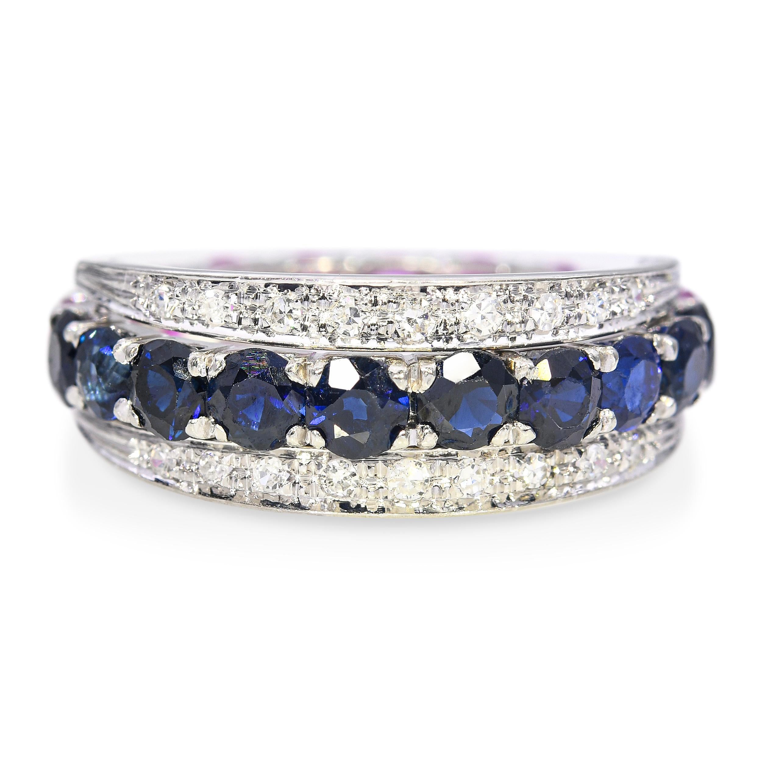 Vintage 18k White Gold Sapphire and Diamond Night and Day Ring