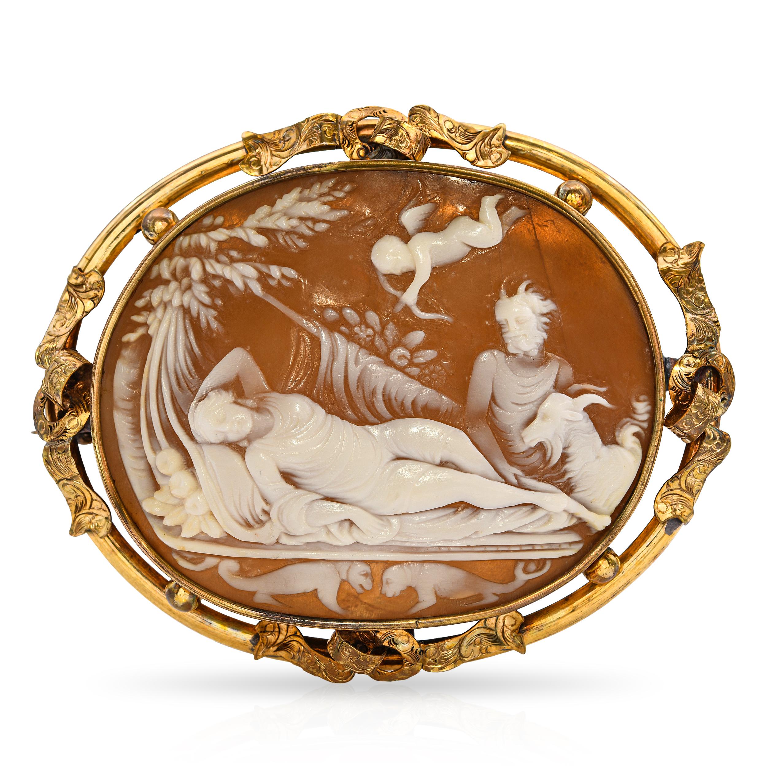 Antique Gold Filled Ornate Venus Laying Down Sensually Shell Cameo Brooch