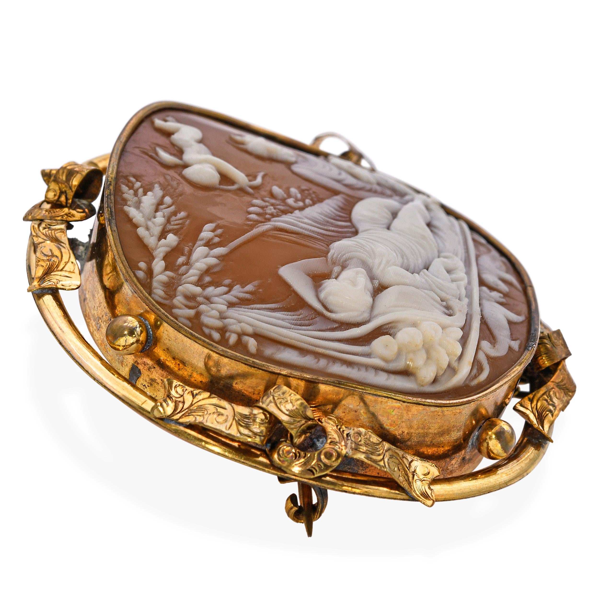 Antique Gold Filled Ornate Venus Laying Down Sensually Shell Cameo Brooch