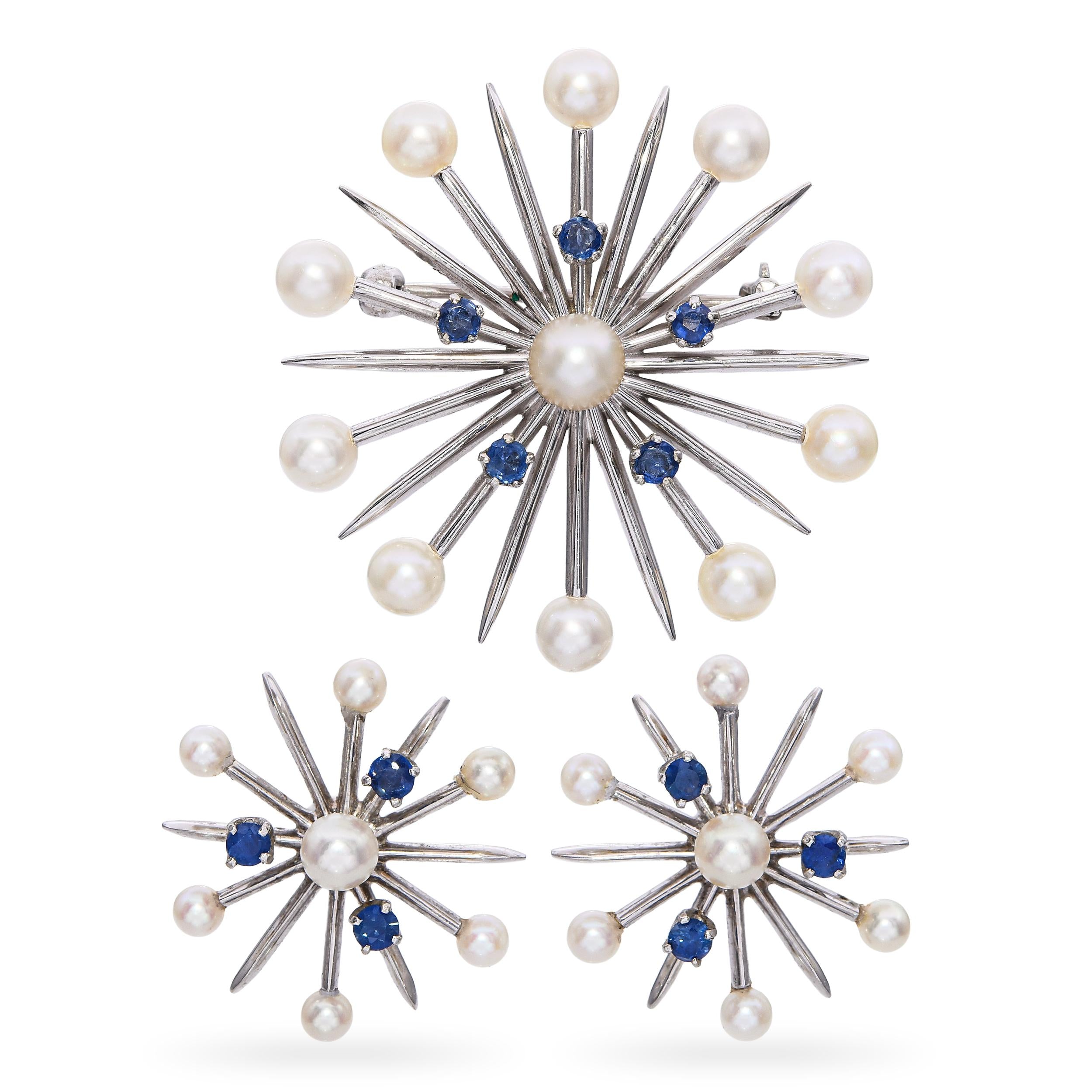 Church & Co. 14k White Gold Pearl & Sapphire Snowflake Earrings & Brooch Set