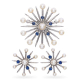 Church & Co. 14k White Gold Pearl & Sapphire Snowflake Earrings & Brooch Set