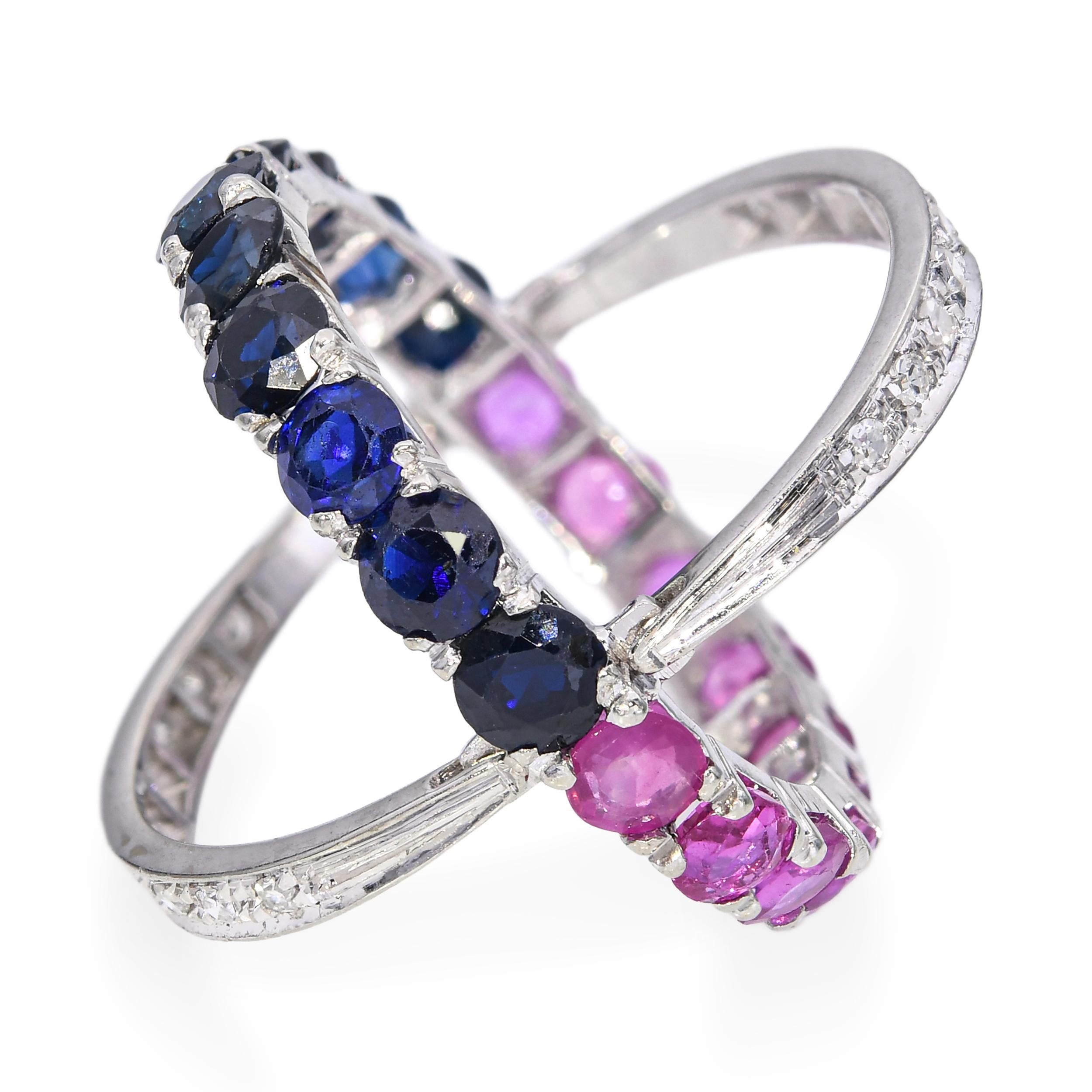 Vintage 18k White Gold Sapphire and Diamond Night and Day Ring