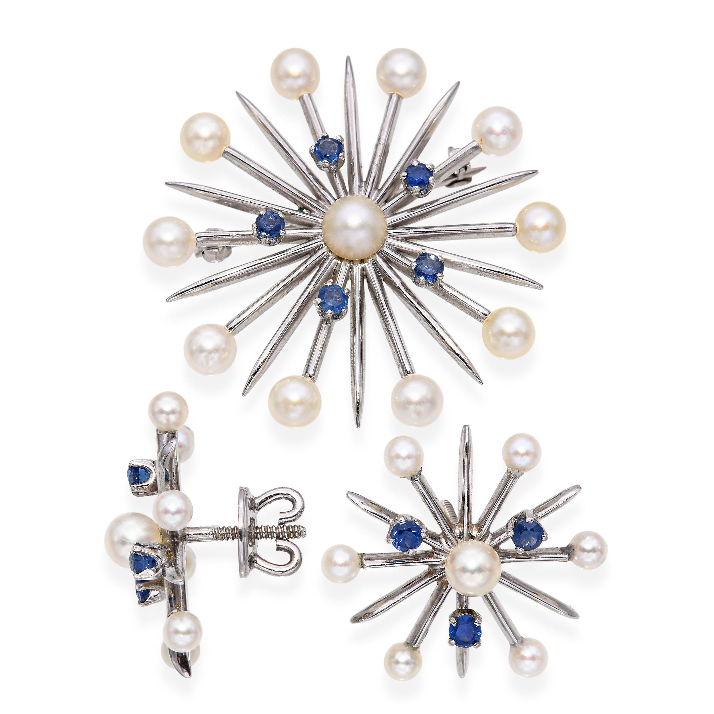Church & Co. 14k White Gold Pearl & Sapphire Snowflake Earrings & Brooch Set