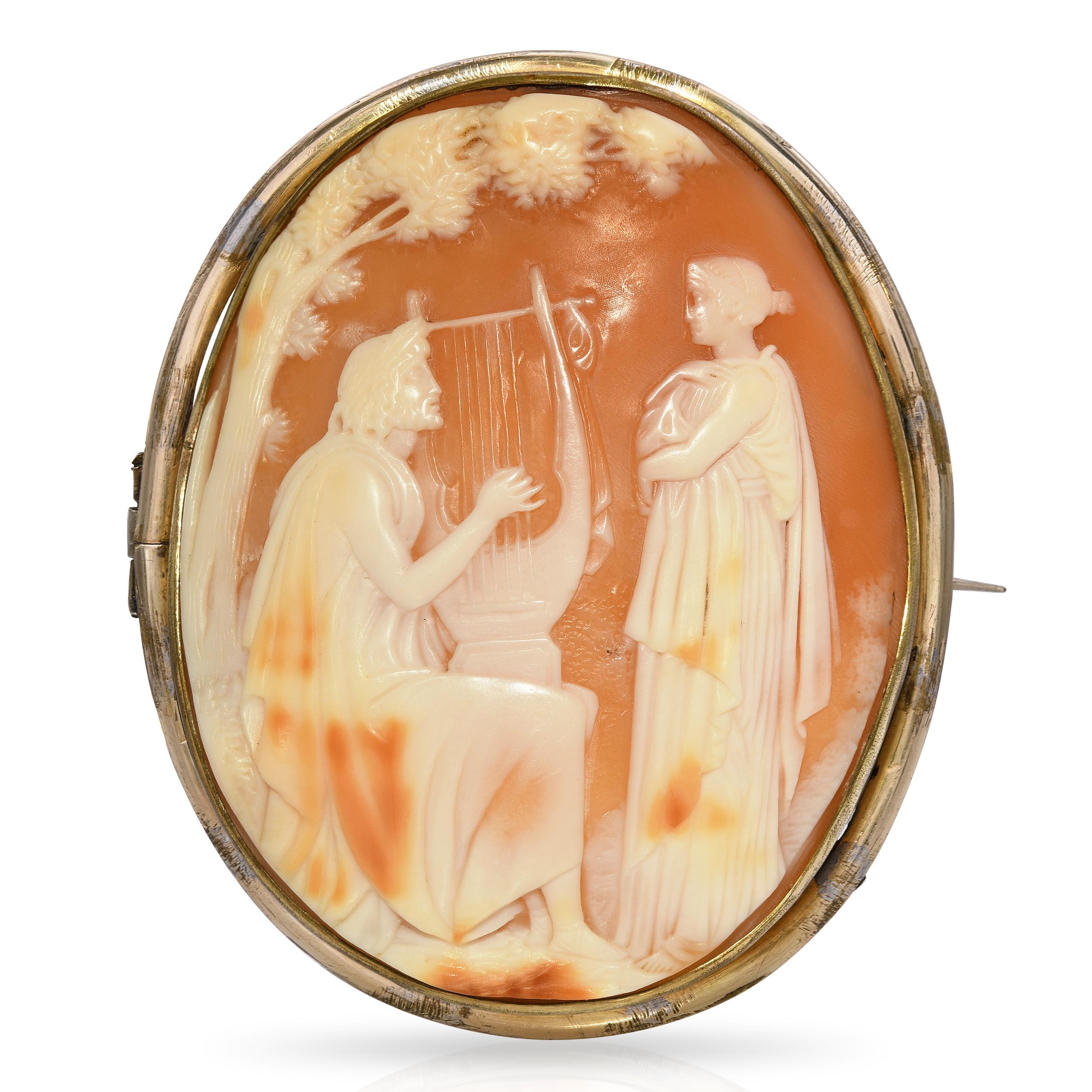 Vintage Gold Filled Shell Cameo Orpheus Playing the Lyre Brooch