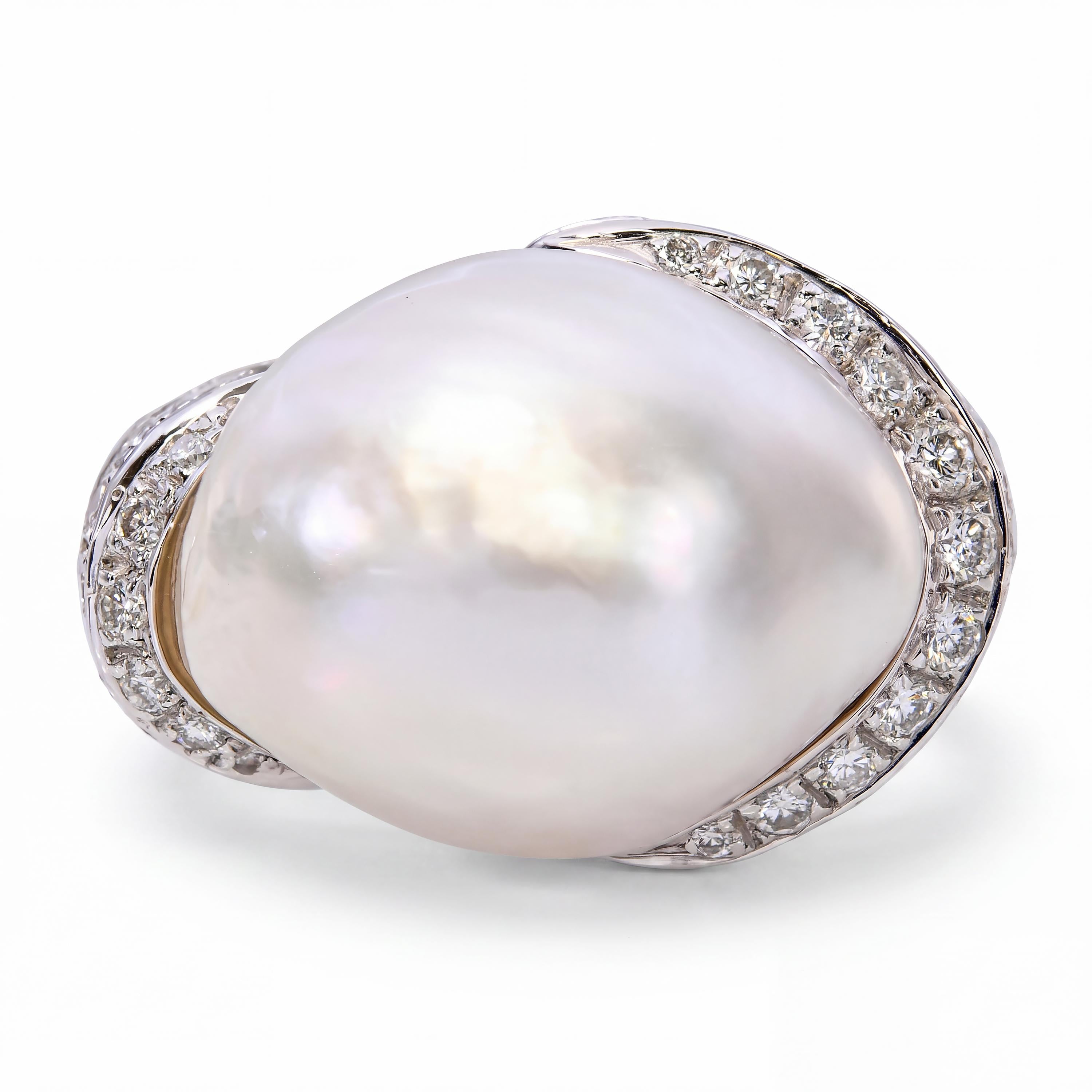 Vintage 18k White Gold 16mm Baroque South Sea Pearl and Diamond Ring