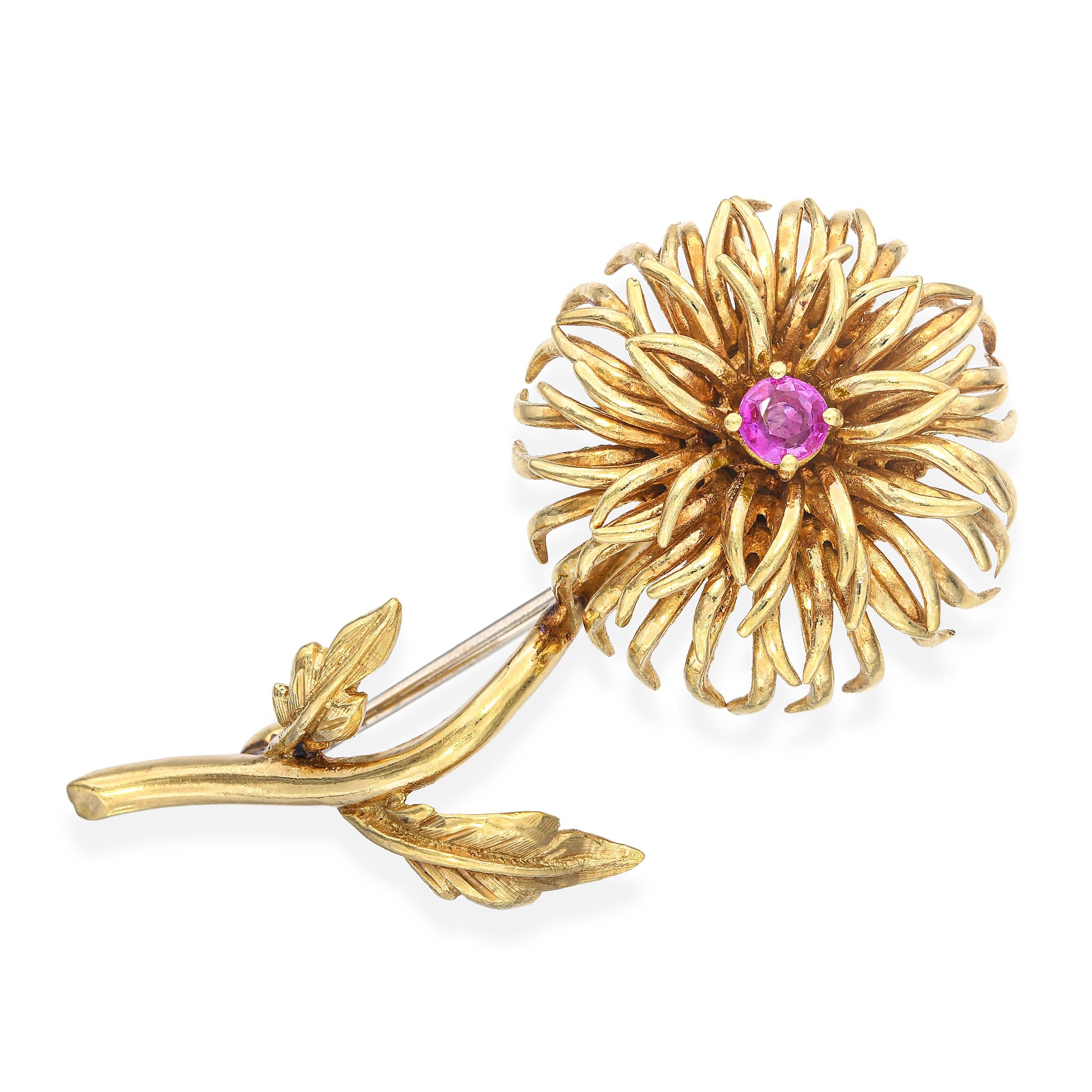 Vintage Tiffany & Co 18k Yellow Gold Ruby Chrysanthemum Flower Brooch