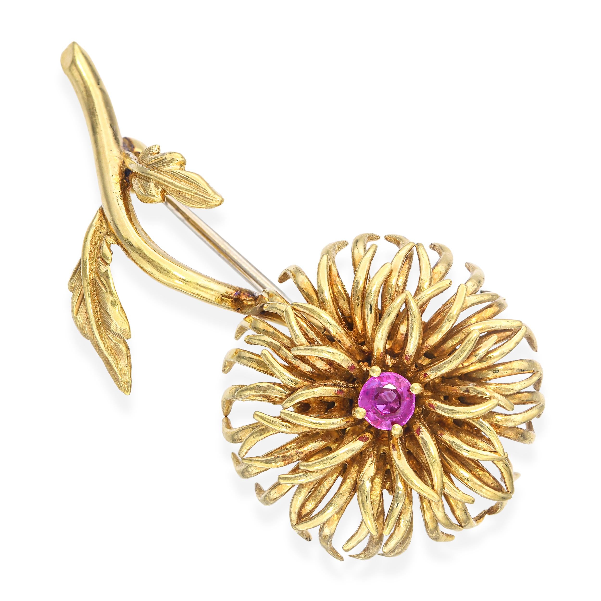 Vintage Tiffany & Co 18k Yellow Gold Ruby Chrysanthemum Flower Brooch
