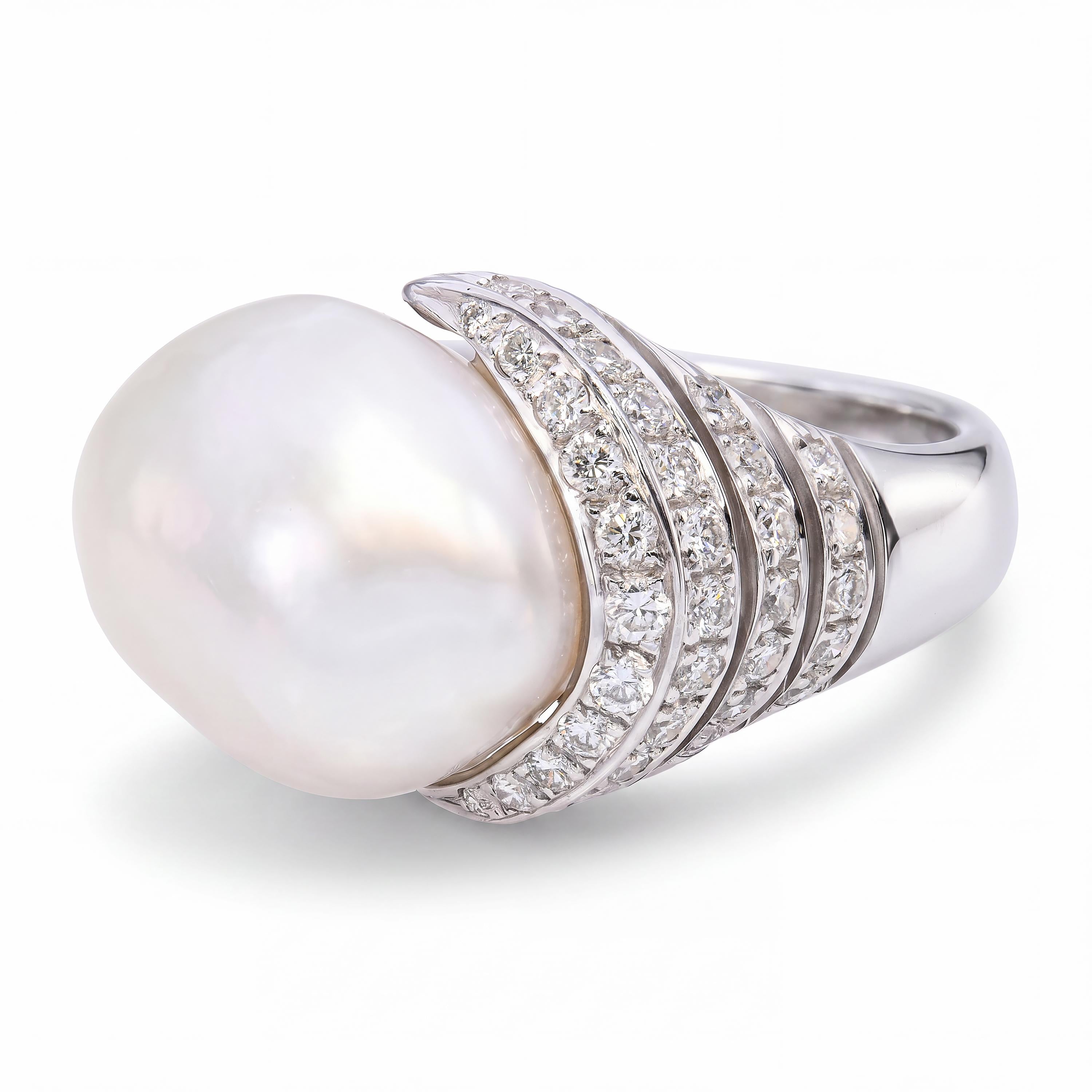 Vintage 18k White Gold 16mm Baroque South Sea Pearl and Diamond Ring